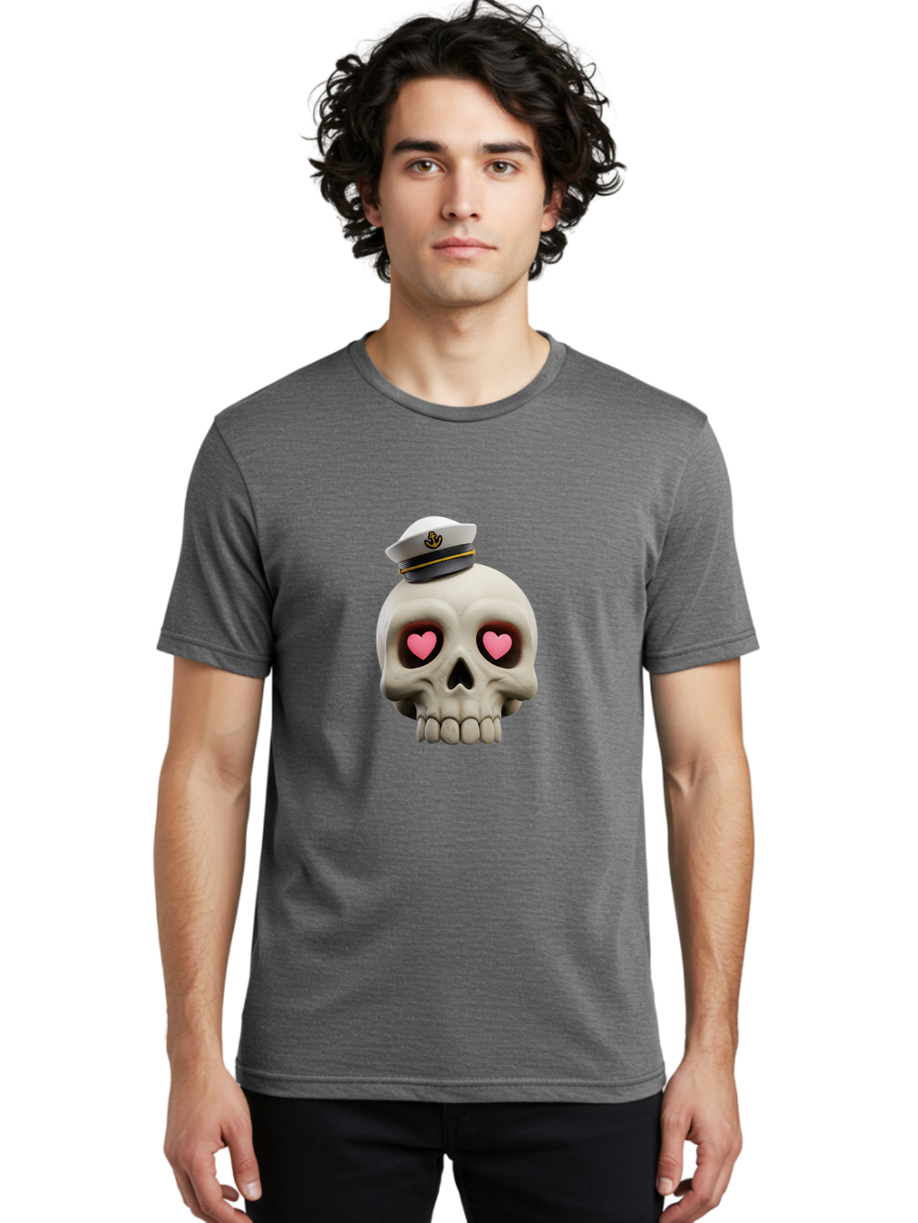 Skull-With-Captain-Hat Men'S Graphic Tee, 100% Cotton, Comfortable Casual Summer Wear, Machine Washable, Skull With Captain Hat, Heart Eyes, Nautical Theme, Halloween, Sugar Skull, Love, Pirate, Skull Art, Gothic, Skull Design Bae279 21