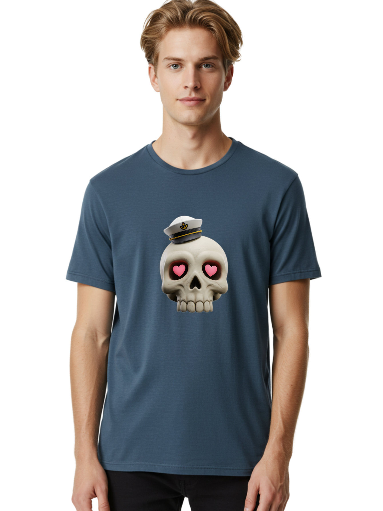 Skull-With-Captain-Hat Men'S Graphic Tee, 100% Cotton, Comfortable Casual Summer Wear, Machine Washable, Skull With Captain Hat, Heart Eyes, Nautical Theme, Halloween, Sugar Skull, Love, Pirate, Skull Art, Gothic, Skull Design Bae279 23