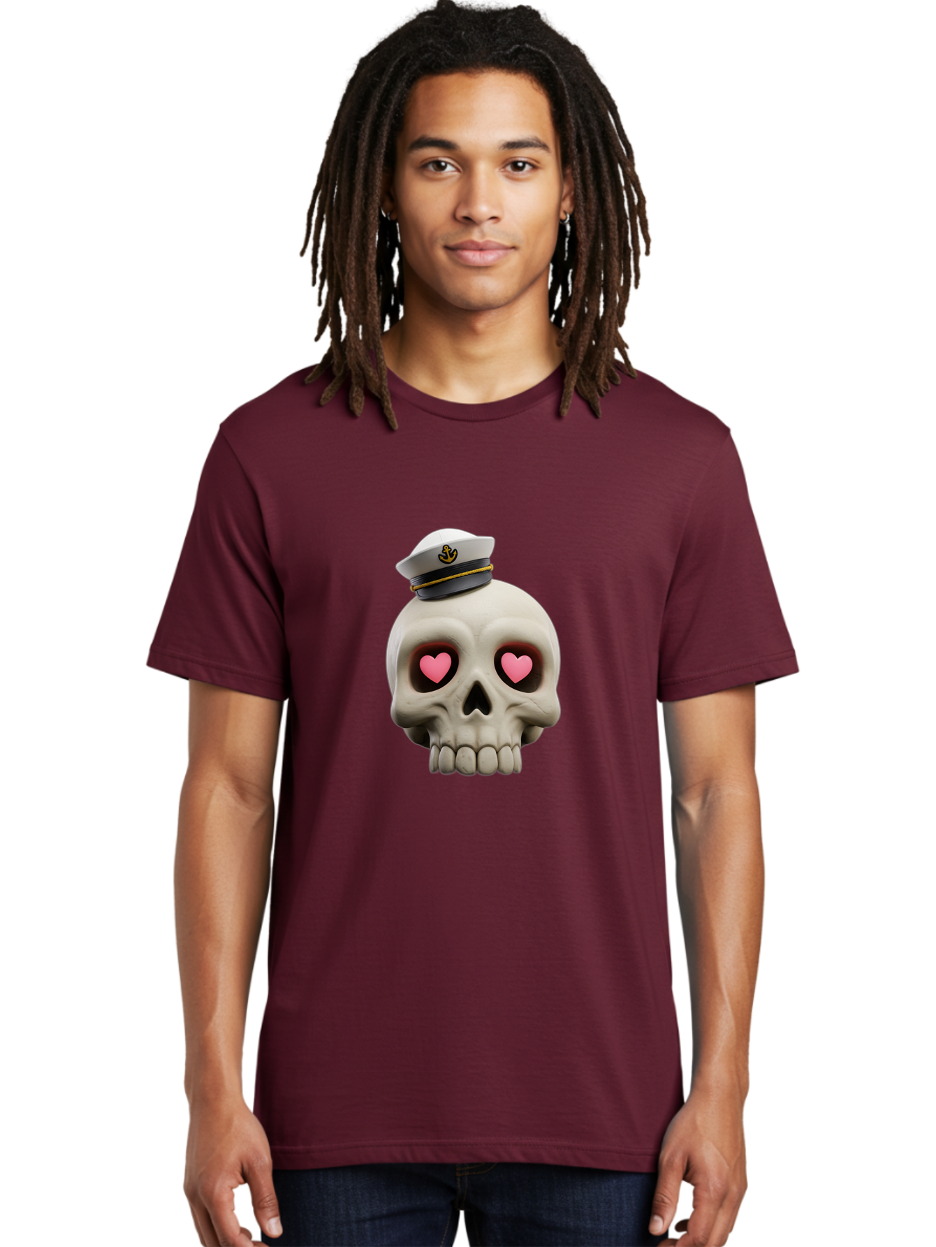 Skull-With-Captain-Hat Men'S Graphic Tee, 100% Cotton, Comfortable Casual Summer Wear, Machine Washable, Skull With Captain Hat, Heart Eyes, Nautical Theme, Halloween, Sugar Skull, Love, Pirate, Skull Art, Gothic, Skull Design Bae279 26