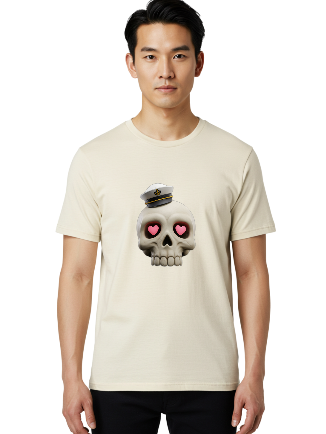 Skull-With-Captain-Hat Men'S Graphic Tee, 100% Cotton, Comfortable Casual Summer Wear, Machine Washable, Skull With Captain Hat, Heart Eyes, Nautical Theme, Halloween, Sugar Skull, Love, Pirate, Skull Art, Gothic, Skull Design Bae279 16