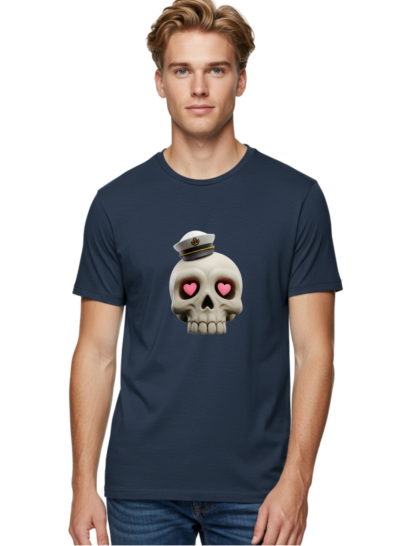 Skull-With-Captain-Hat Men'S Graphic Tee, 100% Cotton, Comfortable Casual Summer Wear, Machine Washable, Skull With Captain Hat, Heart Eyes, Nautical Theme, Halloween, Sugar Skull, Love, Pirate, Skull Art, Gothic, Skull Design Bae279 19