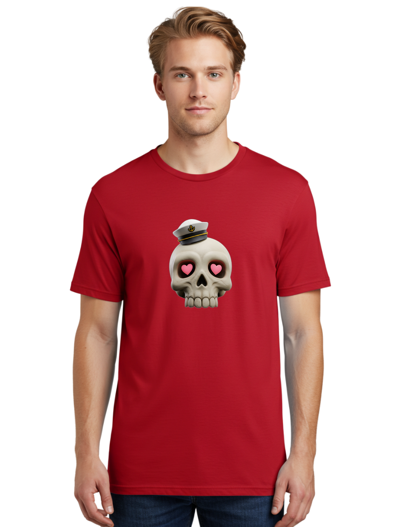 Skull-With-Captain-Hat Men'S Graphic Tee, 100% Cotton, Comfortable Casual Summer Wear, Machine Washable, Skull With Captain Hat, Heart Eyes, Nautical Theme, Halloween, Sugar Skull, Love, Pirate, Skull Art, Gothic, Skull Design Bae279 24