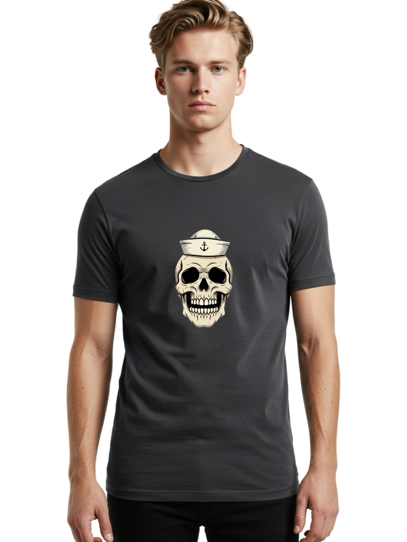 Skull-With-Sailor-Hat-1 Men'S Graphic Tee, 100% Cotton, Comfortable Casual Summer Wear, Machine Washable, Sailor Skull, Anchor Hat, Skull Art, Nautical Theme, Vintage Illustration, Pirate Symbol, Gothic Style, Sailor Hat, Anchor Emblem, Bae280 24