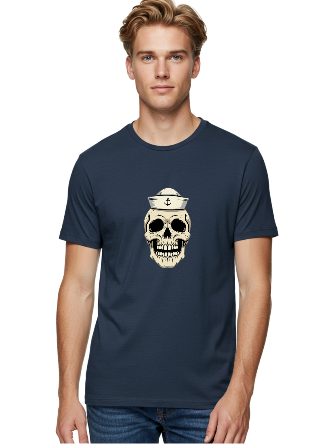 Skull-With-Sailor-Hat-1 Men'S Graphic Tee, 100% Cotton, Comfortable Casual Summer Wear, Machine Washable, Sailor Skull, Anchor Hat, Skull Art, Nautical Theme, Vintage Illustration, Pirate Symbol, Gothic Style, Sailor Hat, Anchor Emblem, Bae280 19