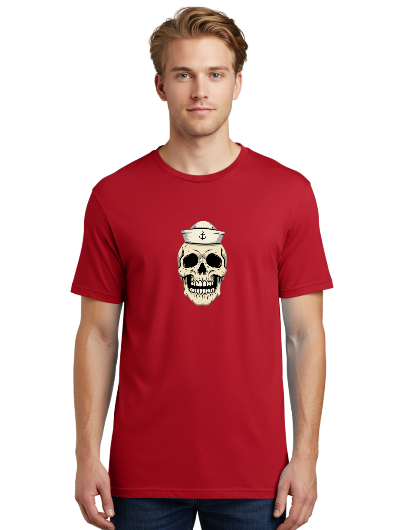Skull-With-Sailor-Hat-1 Men'S Graphic Tee, 100% Cotton, Comfortable Casual Summer Wear, Machine Washable, Sailor Skull, Anchor Hat, Skull Art, Nautical Theme, Vintage Illustration, Pirate Symbol, Gothic Style, Sailor Hat, Anchor Emblem, Bae280 18