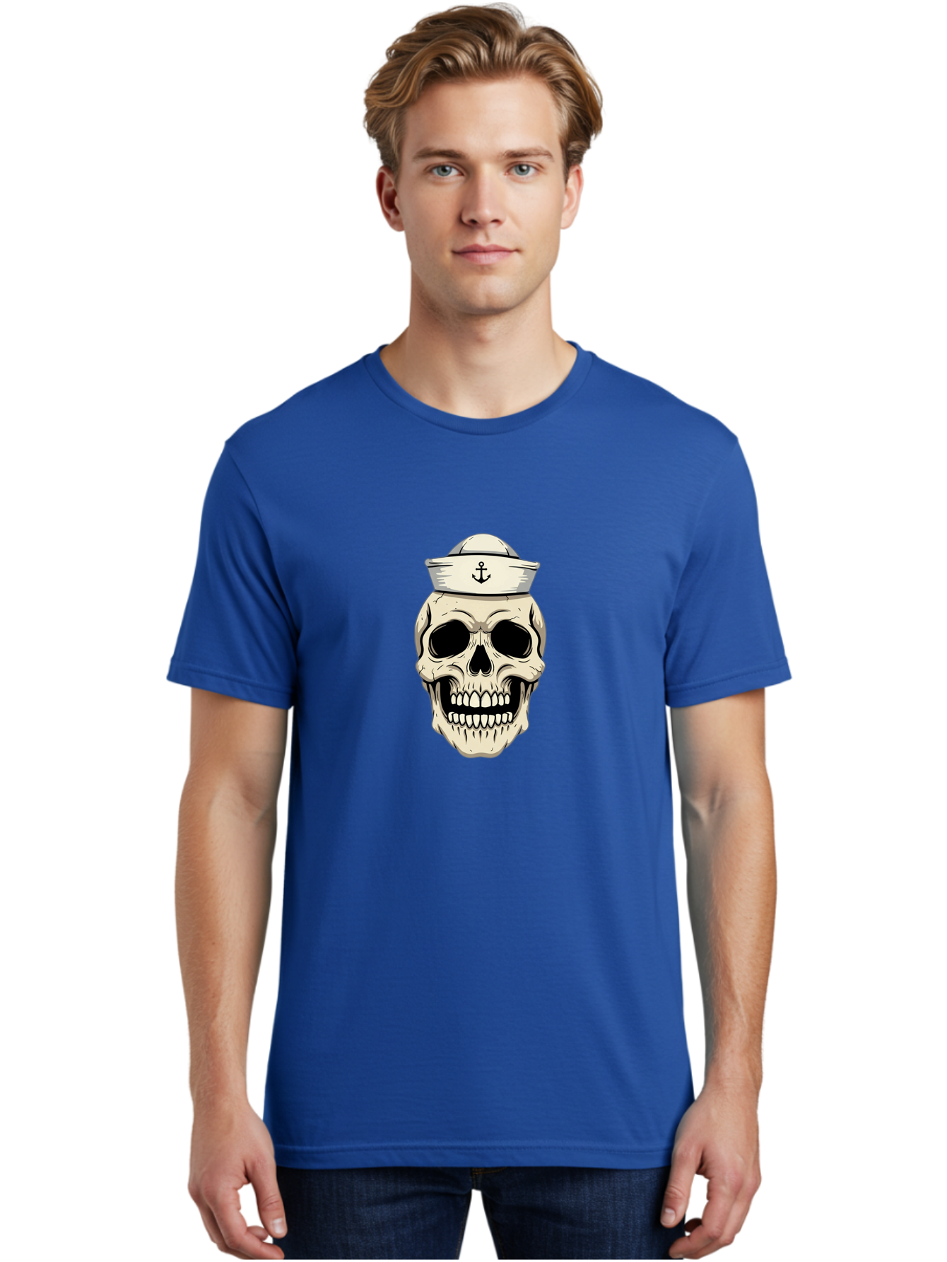 Skull-With-Sailor-Hat-1 Men'S Graphic Tee, 100% Cotton, Comfortable Casual Summer Wear, Machine Washable, Sailor Skull, Anchor Hat, Skull Art, Nautical Theme, Vintage Illustration, Pirate Symbol, Gothic Style, Sailor Hat, Anchor Emblem, Bae280 30