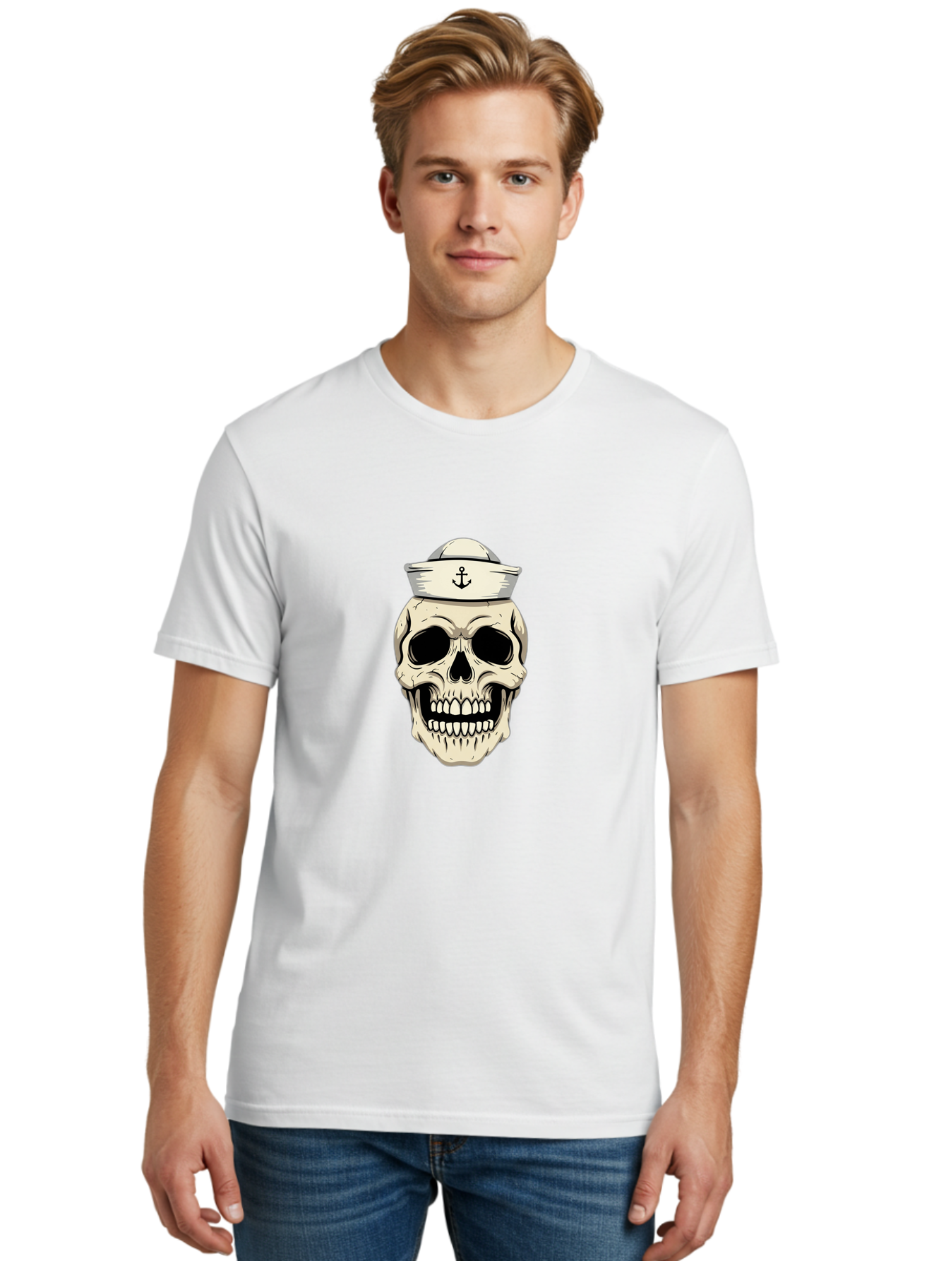 Skull-With-Sailor-Hat-1 Men'S Graphic Tee, 100% Cotton, Comfortable Casual Summer Wear, Machine Washable, Sailor Skull, Anchor Hat, Skull Art, Nautical Theme, Vintage Illustration, Pirate Symbol, Gothic Style, Sailor Hat, Anchor Emblem, Bae280 23