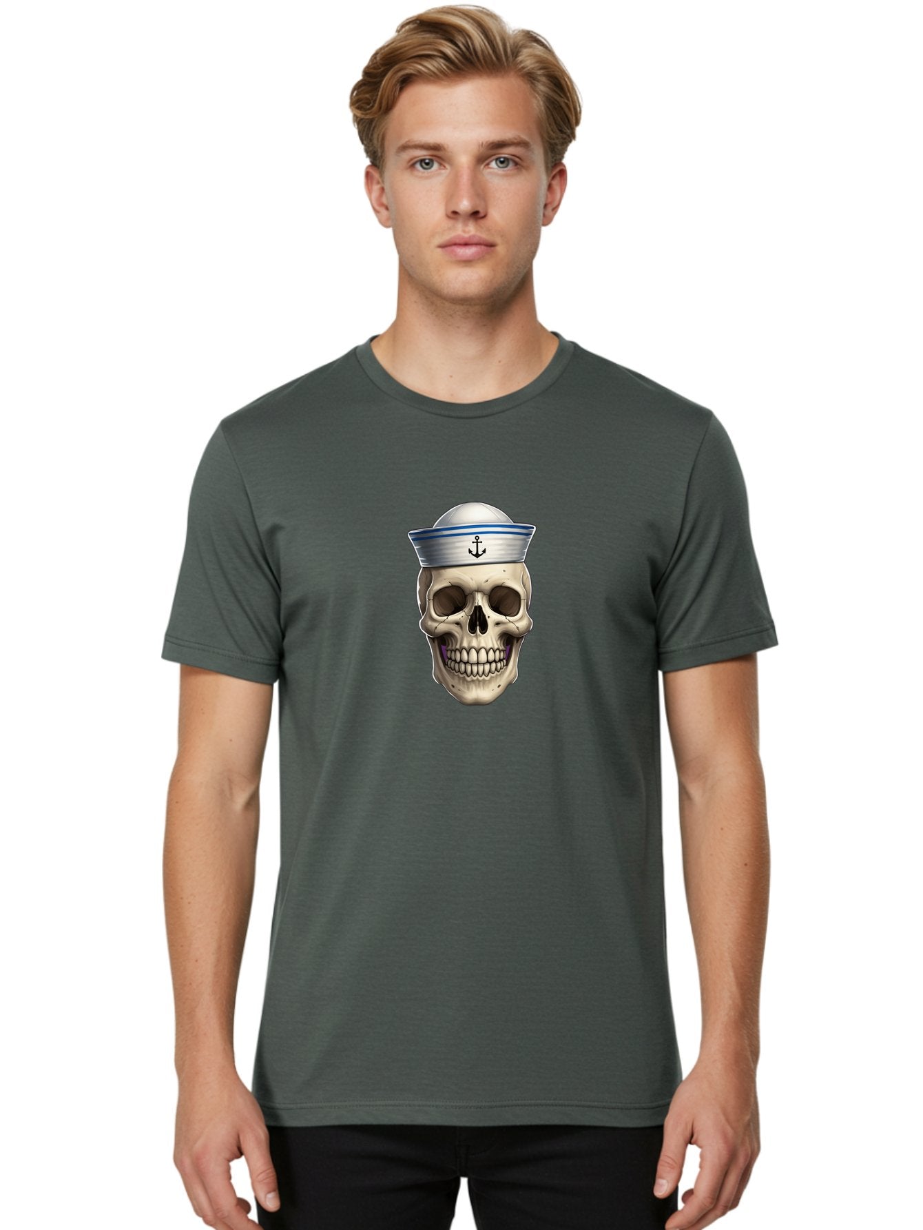 Skull-With-Sailor-Hat Men'S Graphic Tee, 100% Cotton, Comfortable Casual Summer Wear, Machine Washable, Sailor Skull, Human Skull, Sailor Hat, Anchor Symbol, Gothic Style, Grunge Aesthetic, Edgy Design, Bold Illustration Bae281 24