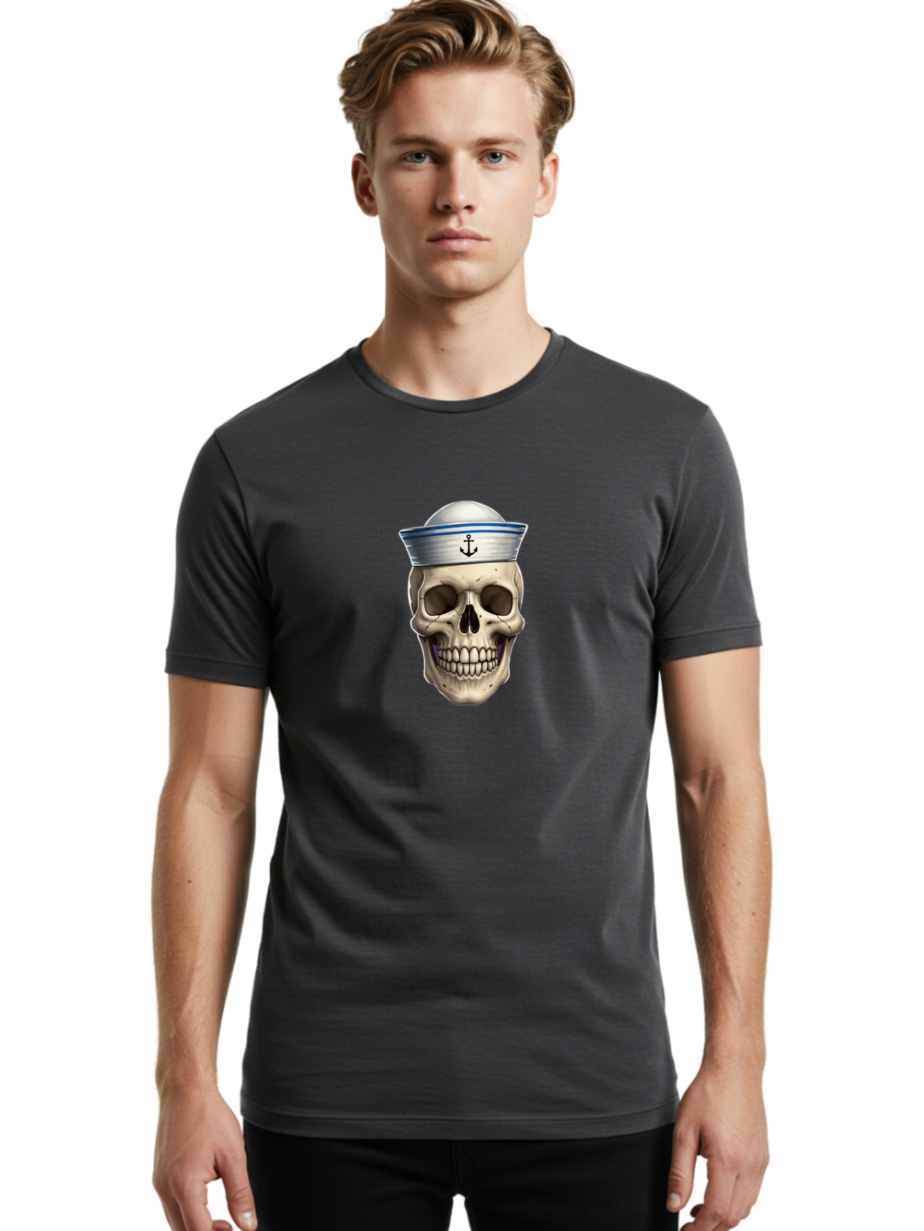 Skull-With-Sailor-Hat Men'S Graphic Tee, 100% Cotton, Comfortable Casual Summer Wear, Machine Washable, Sailor Skull, Human Skull, Sailor Hat, Anchor Symbol, Gothic Style, Grunge Aesthetic, Edgy Design, Bold Illustration Bae281 18