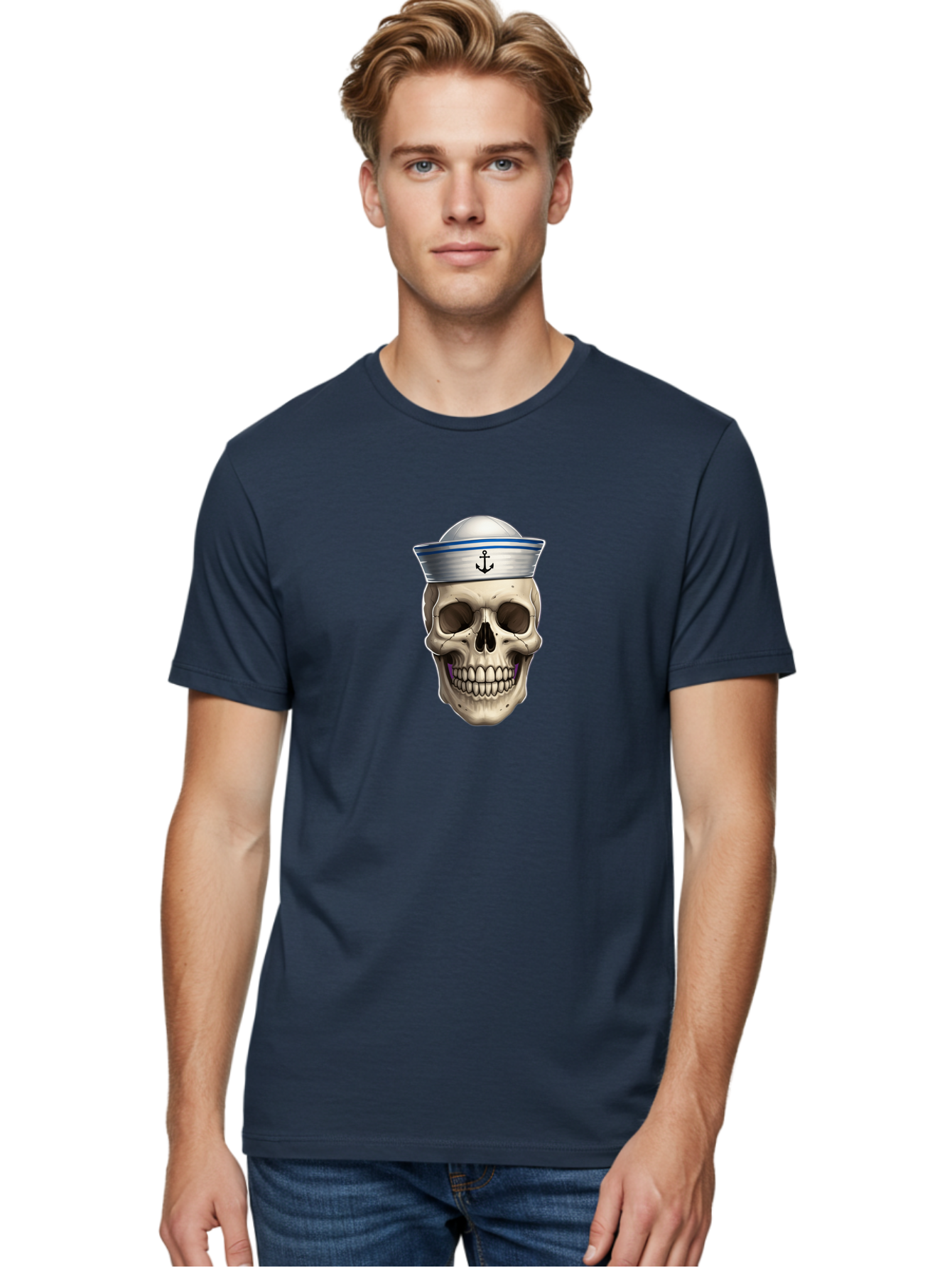 Skull-With-Sailor-Hat Men'S Graphic Tee, 100% Cotton, Comfortable Casual Summer Wear, Machine Washable, Sailor Skull, Human Skull, Sailor Hat, Anchor Symbol, Gothic Style, Grunge Aesthetic, Edgy Design, Bold Illustration Bae281 21