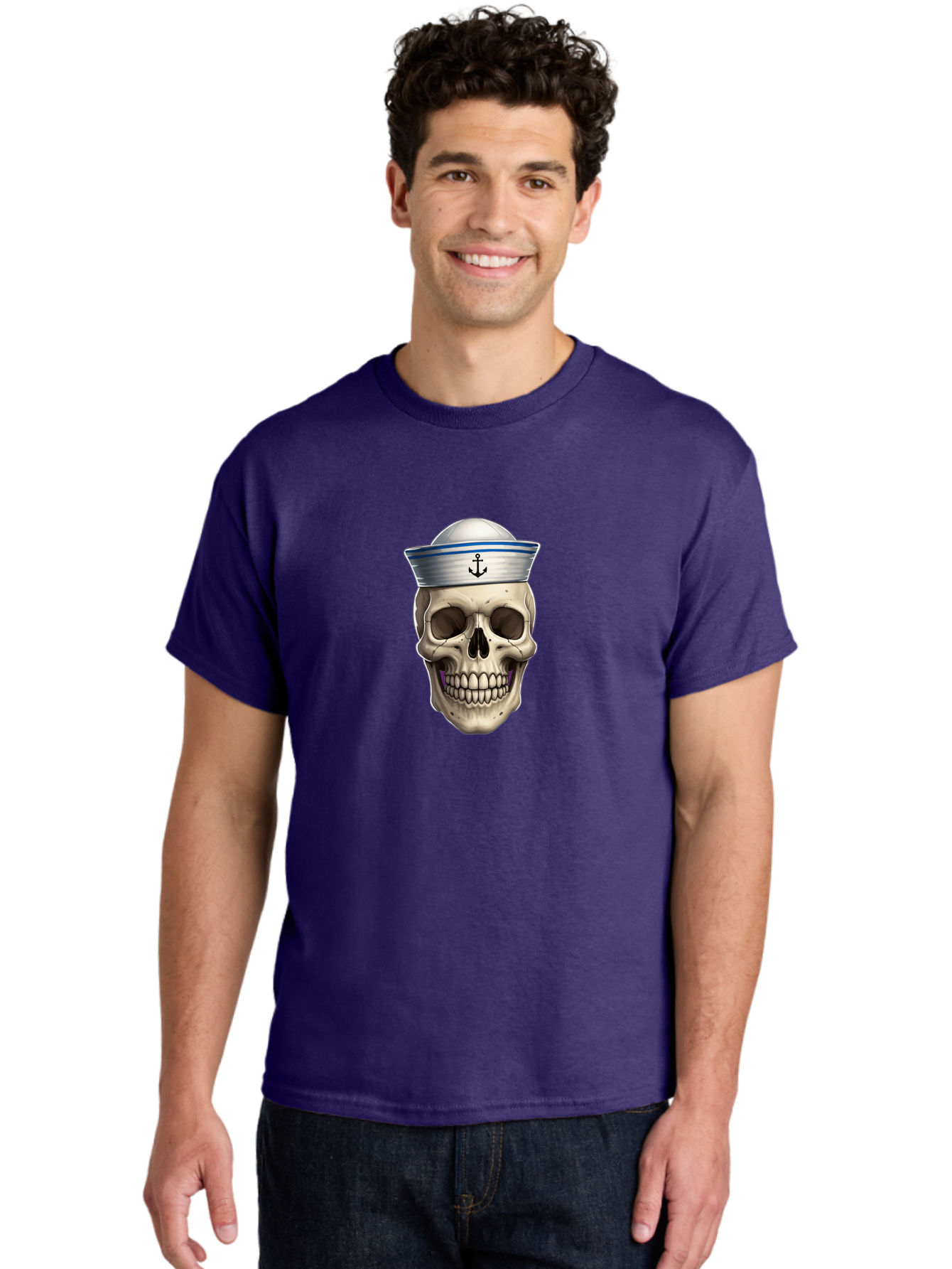 Skull-With-Sailor-Hat Men'S Graphic Tee, 100% Cotton, Comfortable Casual Summer Wear, Machine Washable, Sailor Skull, Human Skull, Sailor Hat, Anchor Symbol, Gothic Style, Grunge Aesthetic, Edgy Design, Bold Illustration Bae281 24