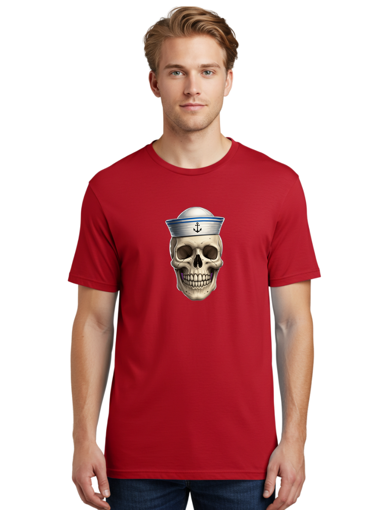 Skull-With-Sailor-Hat Men'S Graphic Tee, 100% Cotton, Comfortable Casual Summer Wear, Machine Washable, Sailor Skull, Human Skull, Sailor Hat, Anchor Symbol, Gothic Style, Grunge Aesthetic, Edgy Design, Bold Illustration Bae281 19