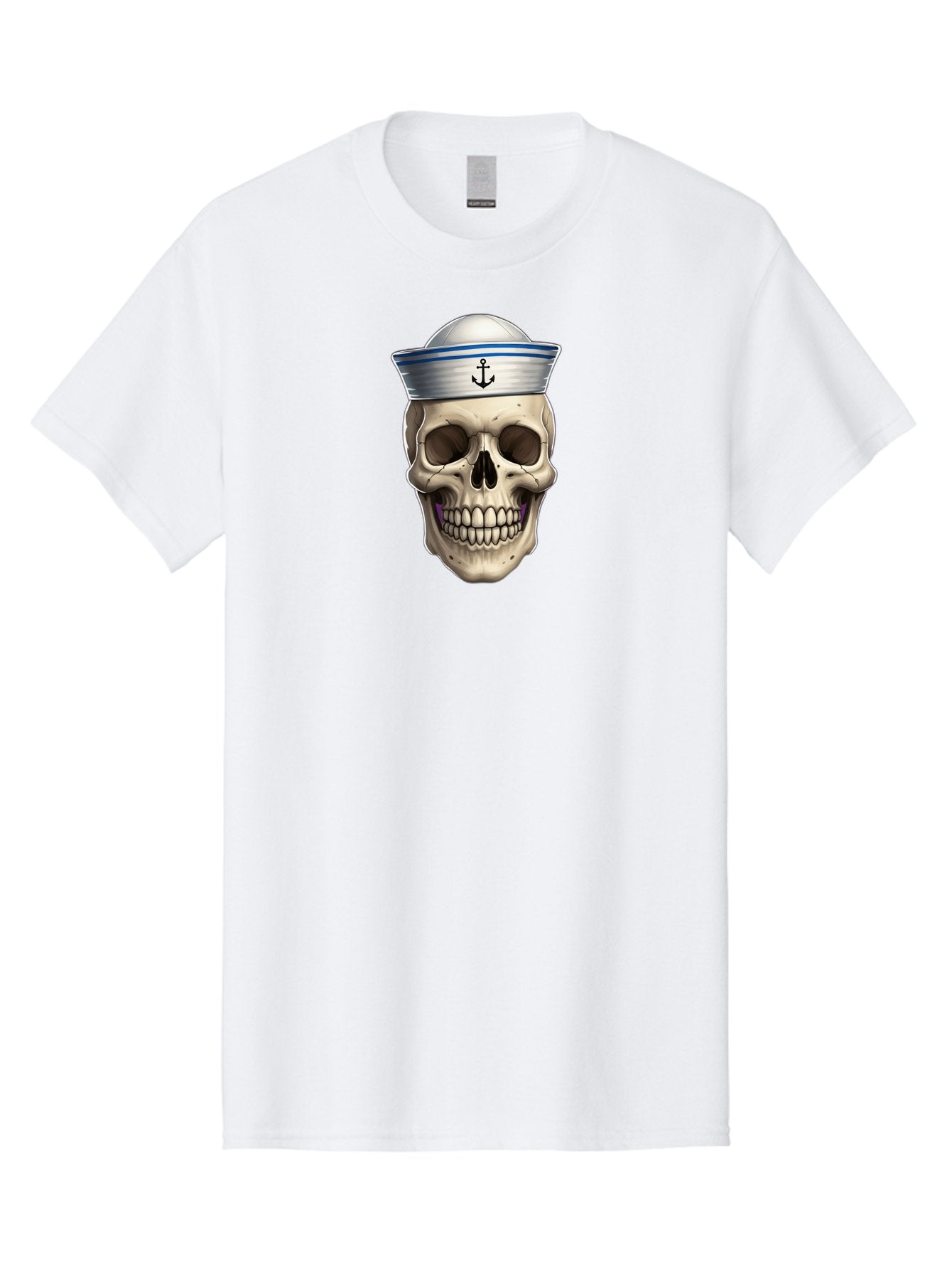Skull-With-Sailor-Hat Men'S Graphic Tee, 100% Cotton, Comfortable Casual Summer Wear, Machine Washable, Sailor Skull, Human Skull, Sailor Hat, Anchor Symbol, Gothic Style, Grunge Aesthetic, Edgy Design, Bold Illustration Bae281