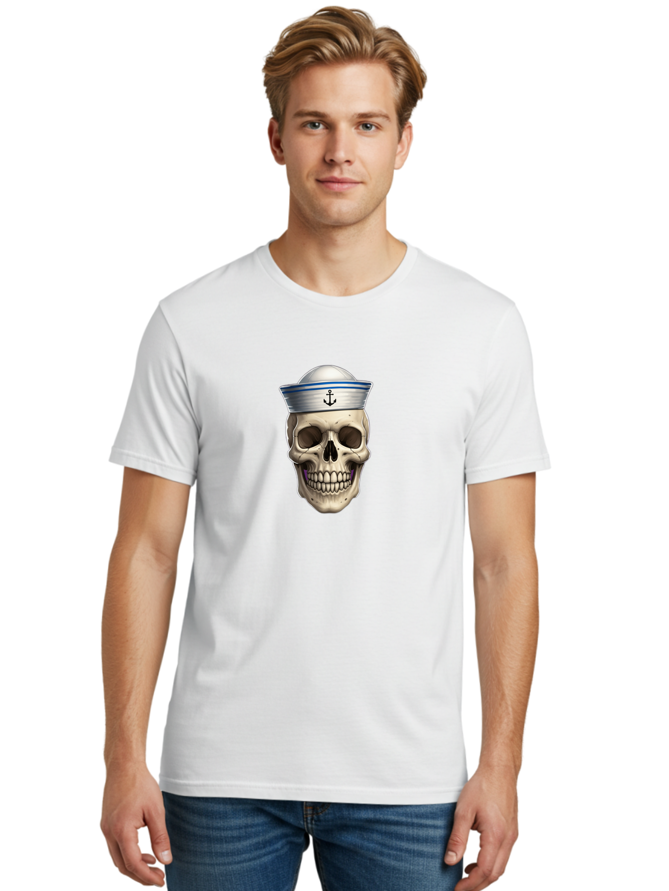 Skull-With-Sailor-Hat Men'S Graphic Tee, 100% Cotton, Comfortable Casual Summer Wear, Machine Washable, Sailor Skull, Human Skull, Sailor Hat, Anchor Symbol, Gothic Style, Grunge Aesthetic, Edgy Design, Bold Illustration Bae281 25