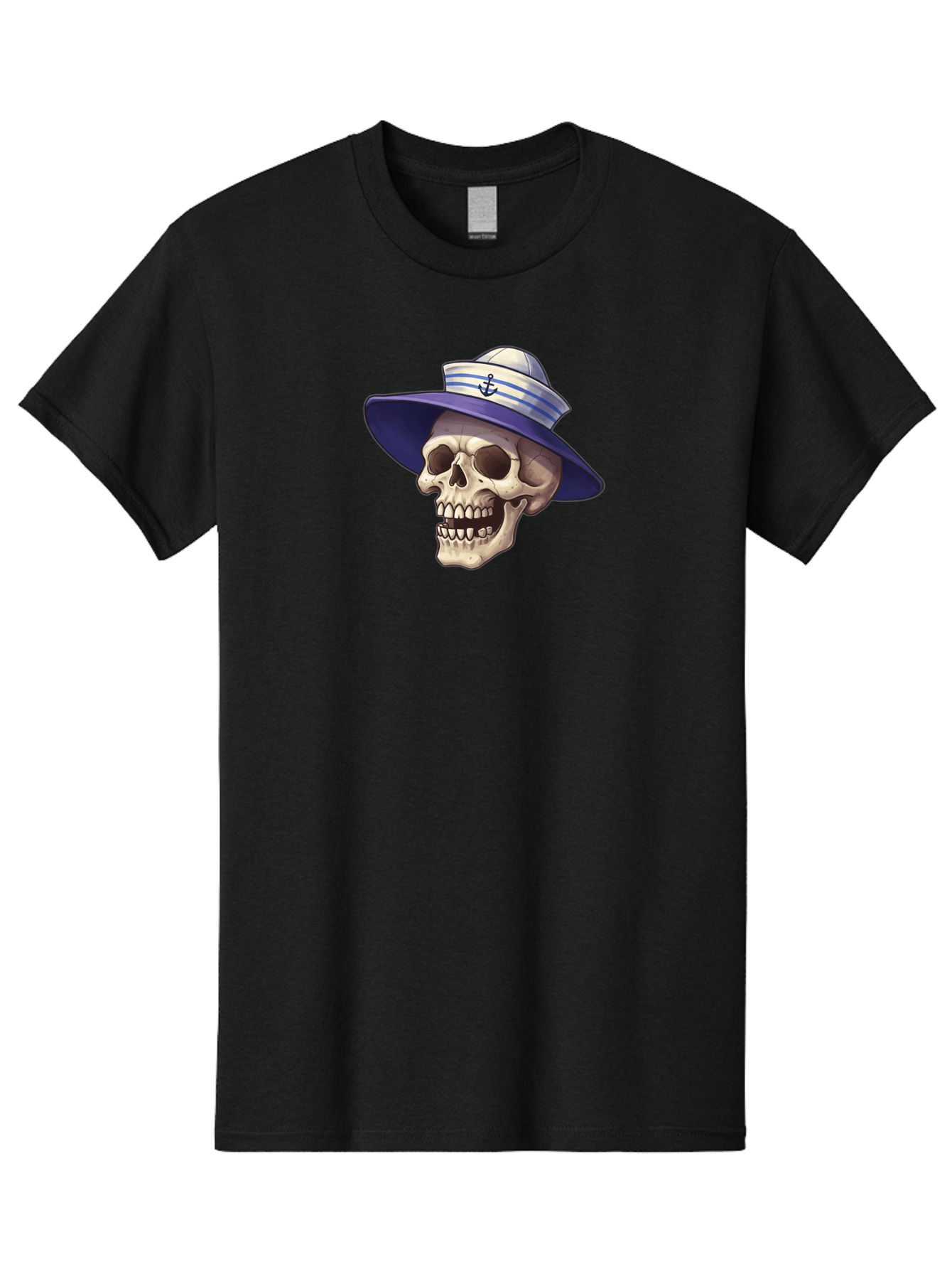 Skull-With-Sun-Hat Men'S Graphic Tee, 100% Cotton, Comfortable Casual Summer Wear, Machine Washable, Skull Wearing Sailor Hat, Anchor Emblem, Nautical Theme, Cartoon Style, Human Skull, Sailor Hat With Blue Stripes Bae282 8