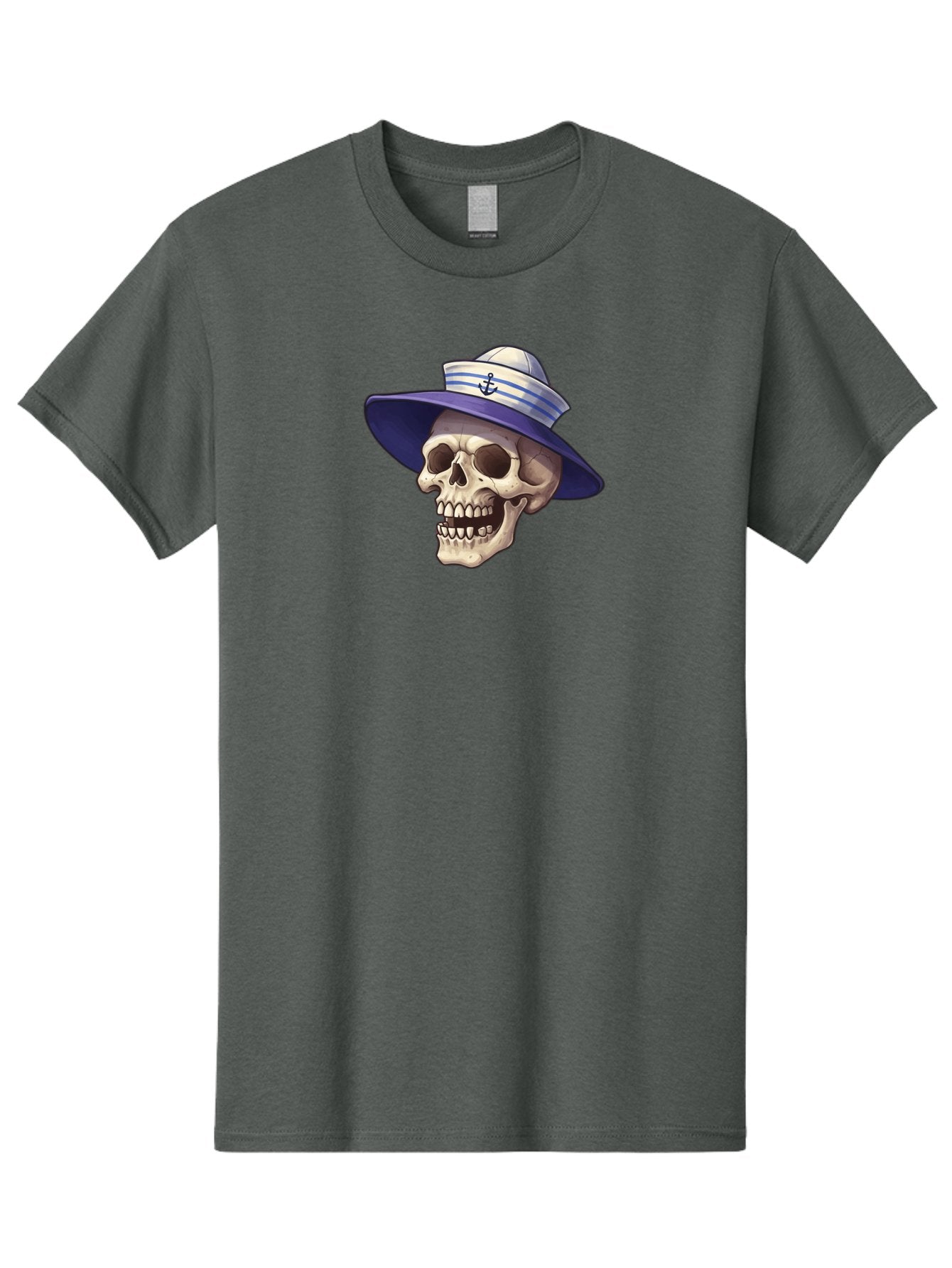 Skull-With-Sun-Hat Men'S Graphic Tee, 100% Cotton, Comfortable Casual Summer Wear, Machine Washable, Skull Wearing Sailor Hat, Anchor Emblem, Nautical Theme, Cartoon Style, Human Skull, Sailor Hat With Blue Stripes Bae282 4