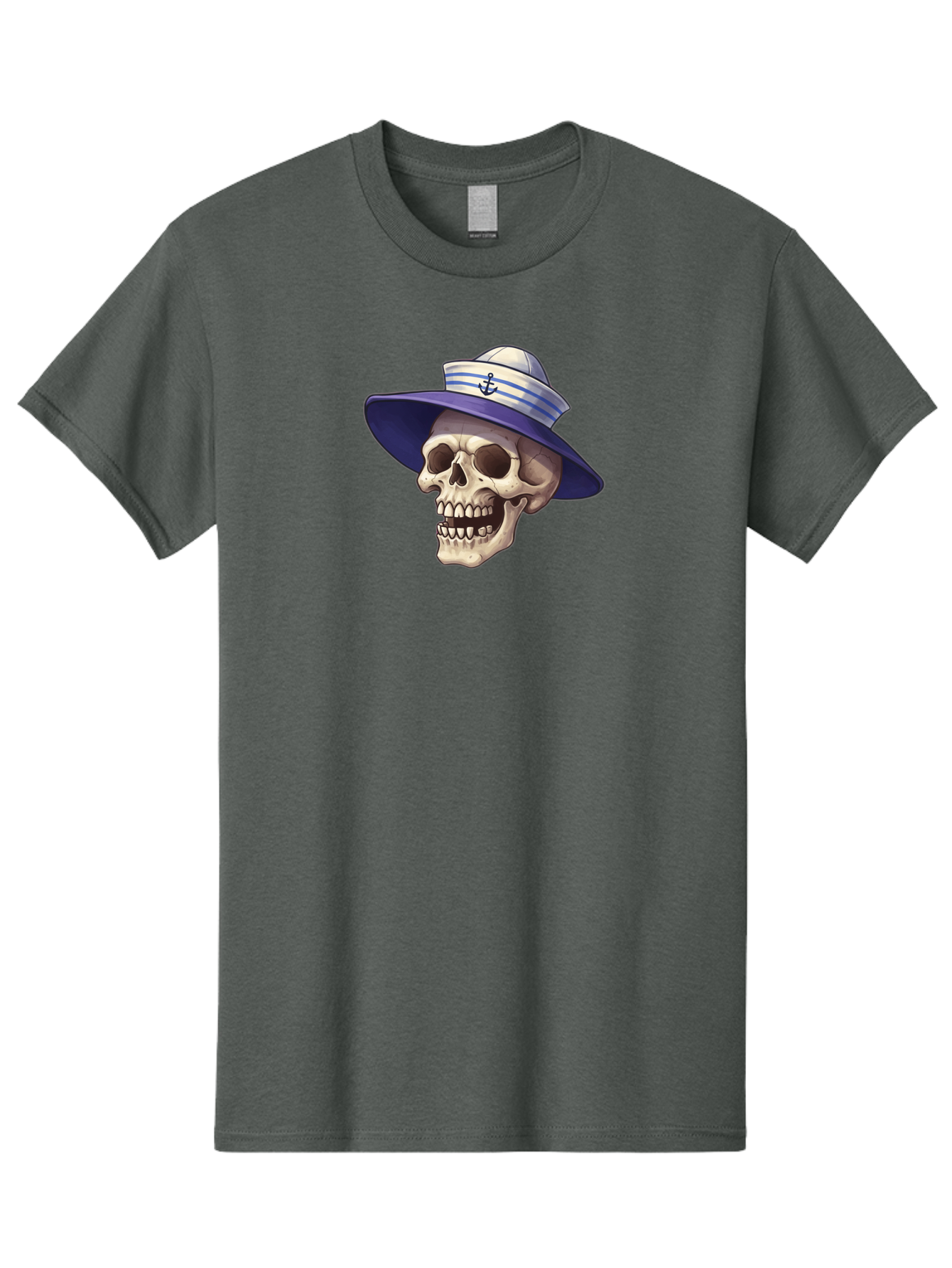 Skull-With-Sun-Hat Men'S Graphic Tee, 100% Cotton, Comfortable Casual Summer Wear, Machine Washable, Skull Wearing Sailor Hat, Anchor Emblem, Nautical Theme, Cartoon Style, Human Skull, Sailor Hat With Blue Stripes Bae282 12