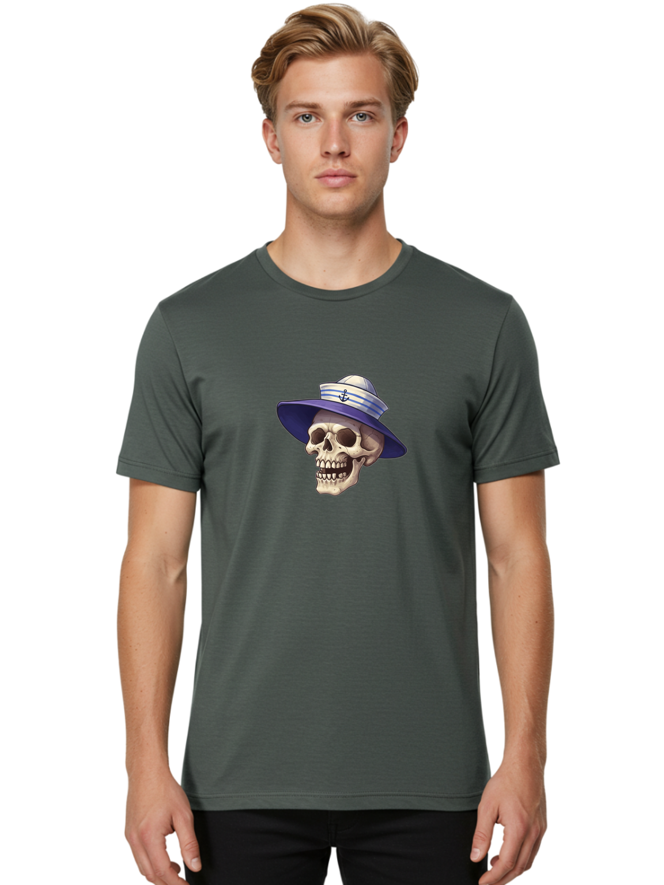 Skull-With-Sun-Hat Men'S Graphic Tee, 100% Cotton, Comfortable Casual Summer Wear, Machine Washable, Skull Wearing Sailor Hat, Anchor Emblem, Nautical Theme, Cartoon Style, Human Skull, Sailor Hat With Blue Stripes Bae282 27