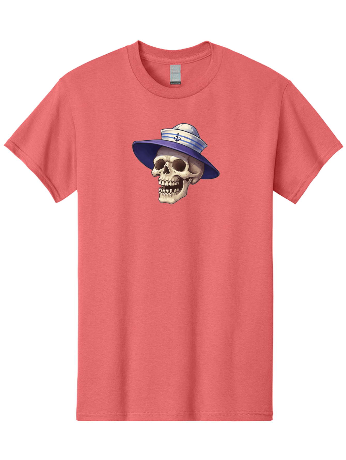 Skull-With-Sun-Hat Men'S Graphic Tee, 100% Cotton, Comfortable Casual Summer Wear, Machine Washable, Skull Wearing Sailor Hat, Anchor Emblem, Nautical Theme, Cartoon Style, Human Skull, Sailor Hat With Blue Stripes Bae282 9