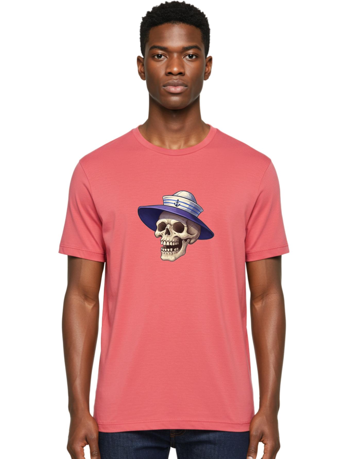 Skull-With-Sun-Hat Men'S Graphic Tee, 100% Cotton, Comfortable Casual Summer Wear, Machine Washable, Skull Wearing Sailor Hat, Anchor Emblem, Nautical Theme, Cartoon Style, Human Skull, Sailor Hat With Blue Stripes Bae282 24