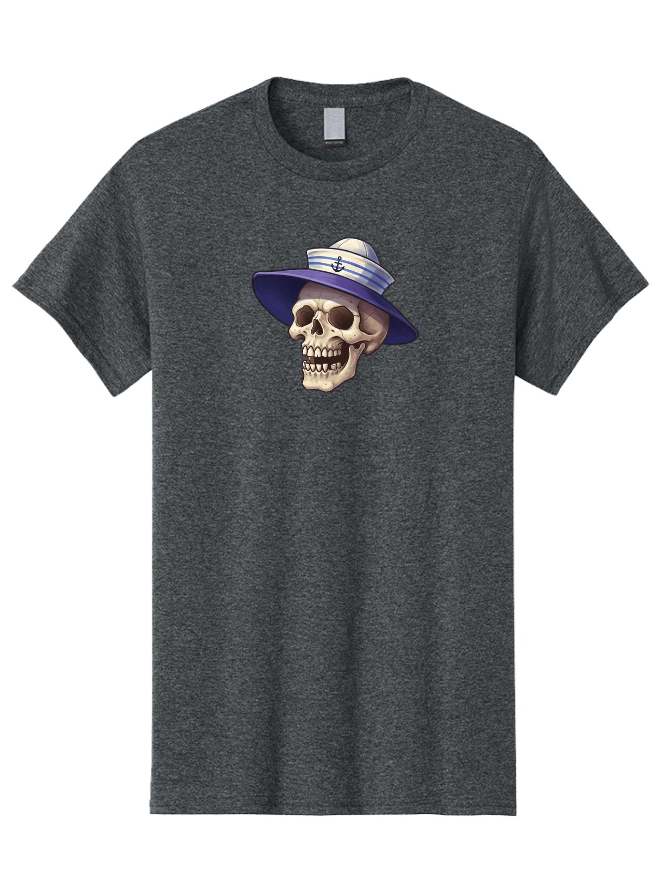 Skull-With-Sun-Hat Men'S Graphic Tee, 100% Cotton, Comfortable Casual Summer Wear, Machine Washable, Skull Wearing Sailor Hat, Anchor Emblem, Nautical Theme, Cartoon Style, Human Skull, Sailor Hat With Blue Stripes Bae282