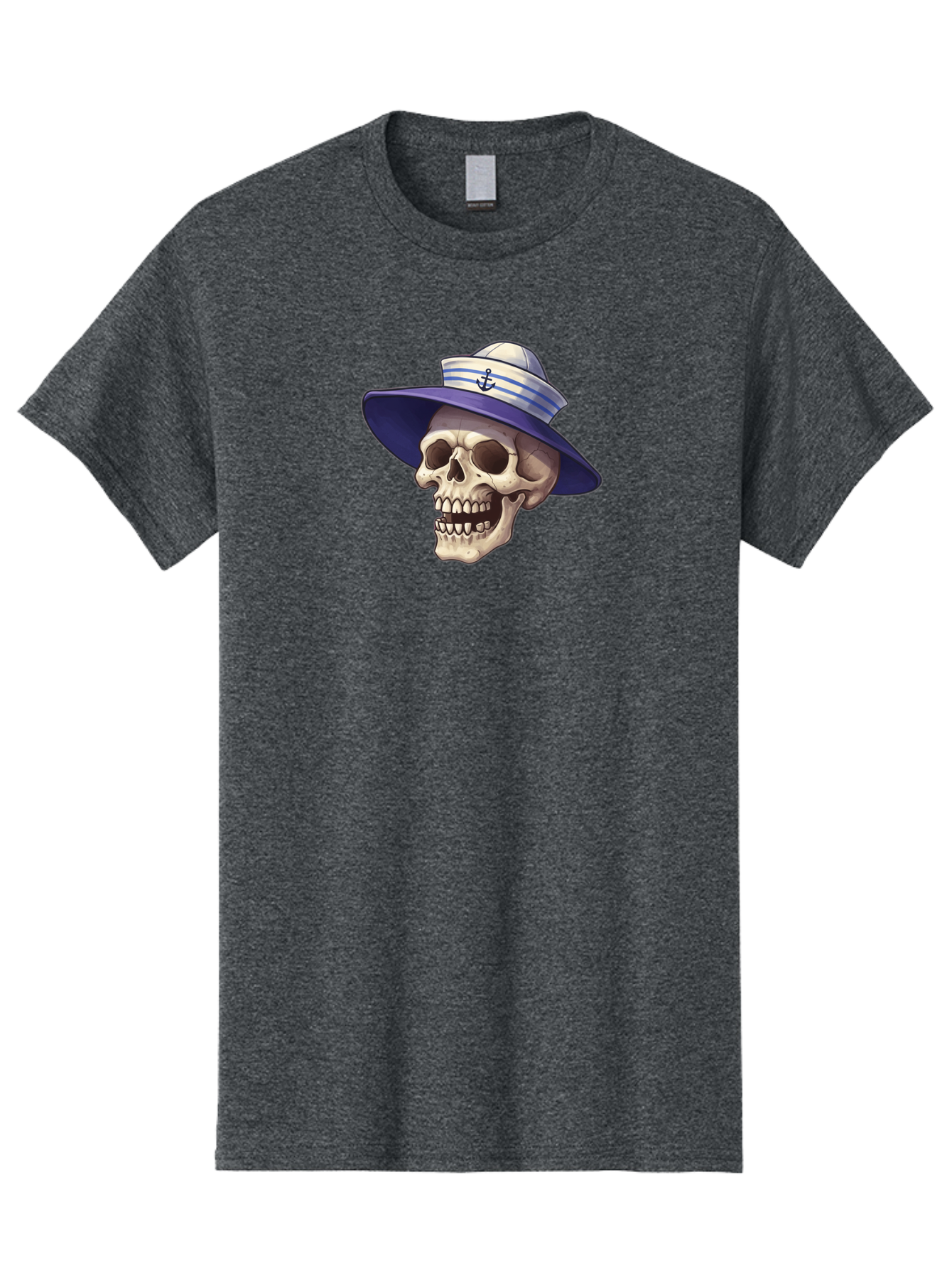 Skull-With-Sun-Hat Men'S Graphic Tee, 100% Cotton, Comfortable Casual Summer Wear, Machine Washable, Skull Wearing Sailor Hat, Anchor Emblem, Nautical Theme, Cartoon Style, Human Skull, Sailor Hat With Blue Stripes Bae282 11
