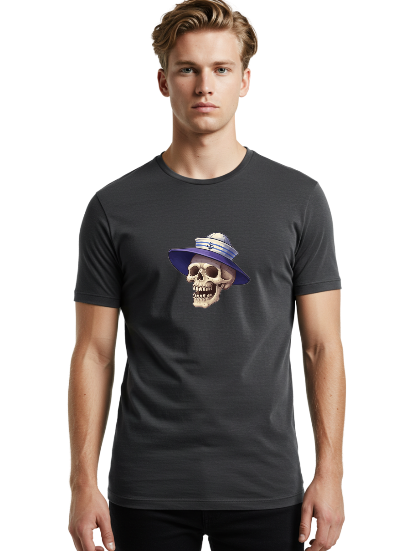 Skull-With-Sun-Hat Men'S Graphic Tee, 100% Cotton, Comfortable Casual Summer Wear, Machine Washable, Skull Wearing Sailor Hat, Anchor Emblem, Nautical Theme, Cartoon Style, Human Skull, Sailor Hat With Blue Stripes Bae282 26