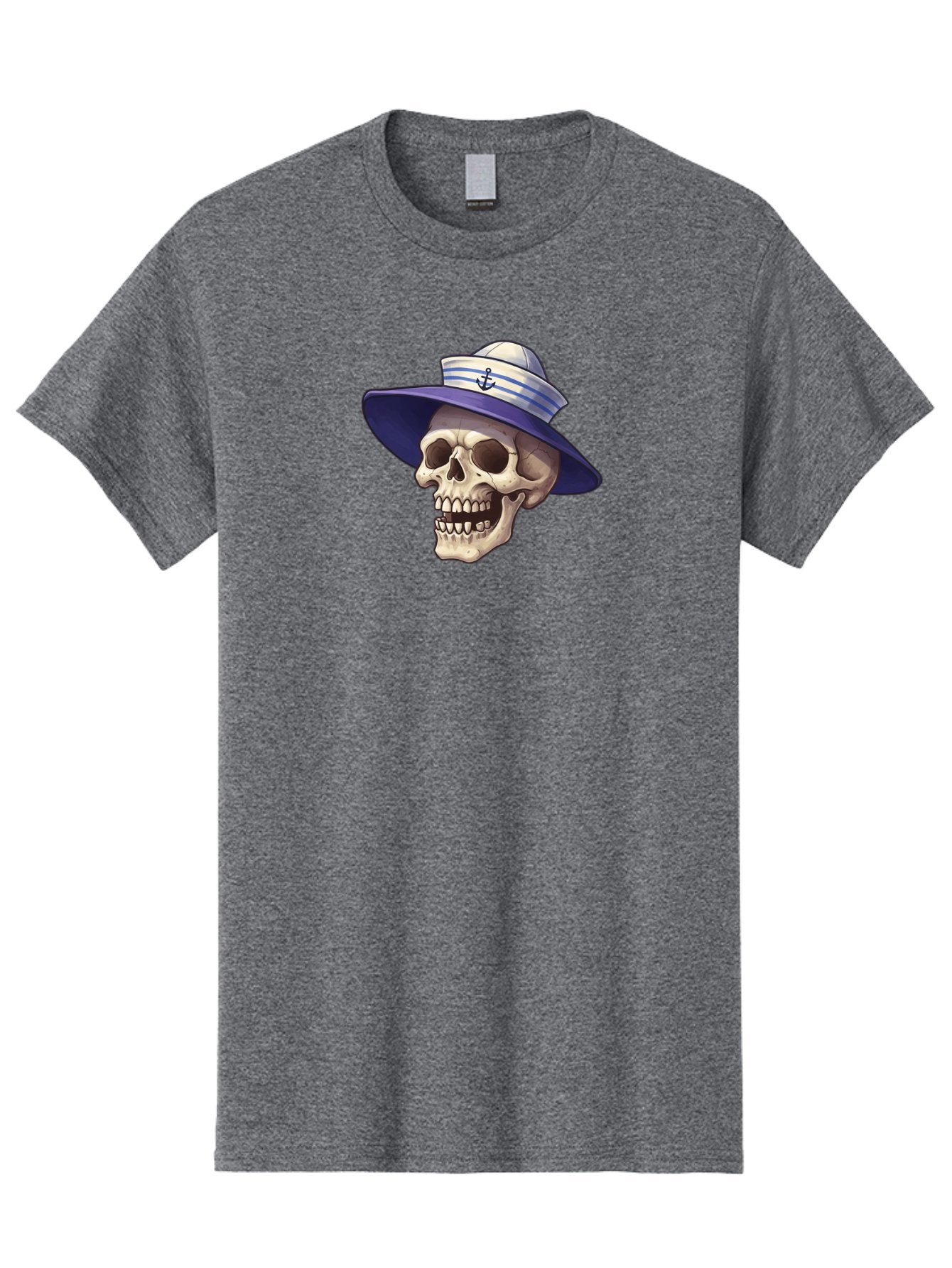 Skull-With-Sun-Hat Men'S Graphic Tee, 100% Cotton, Comfortable Casual Summer Wear, Machine Washable, Skull Wearing Sailor Hat, Anchor Emblem, Nautical Theme, Cartoon Style, Human Skull, Sailor Hat With Blue Stripes Bae282 13