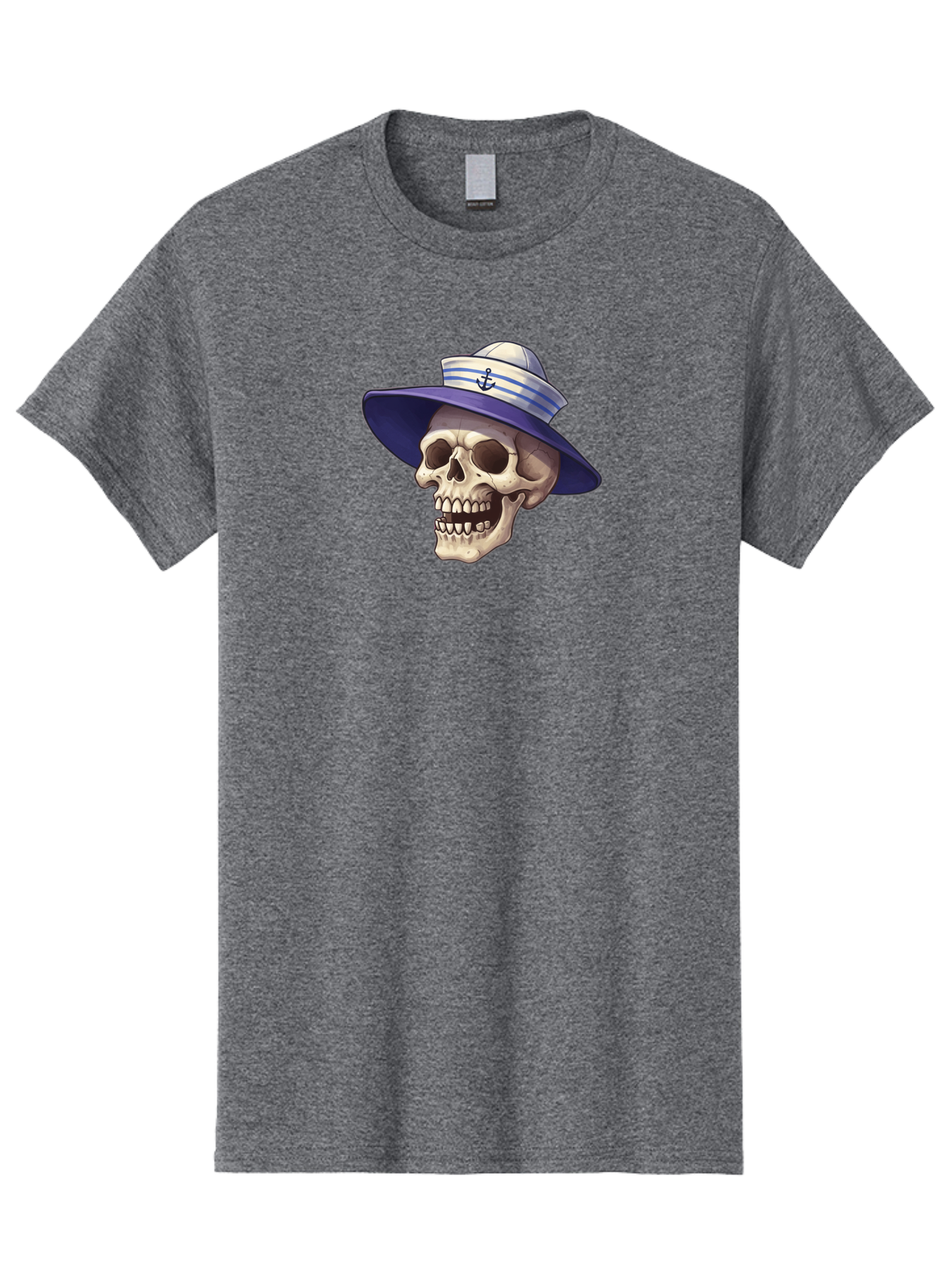 Skull-With-Sun-Hat Men'S Graphic Tee, 100% Cotton, Comfortable Casual Summer Wear, Machine Washable, Skull Wearing Sailor Hat, Anchor Emblem, Nautical Theme, Cartoon Style, Human Skull, Sailor Hat With Blue Stripes Bae282 15