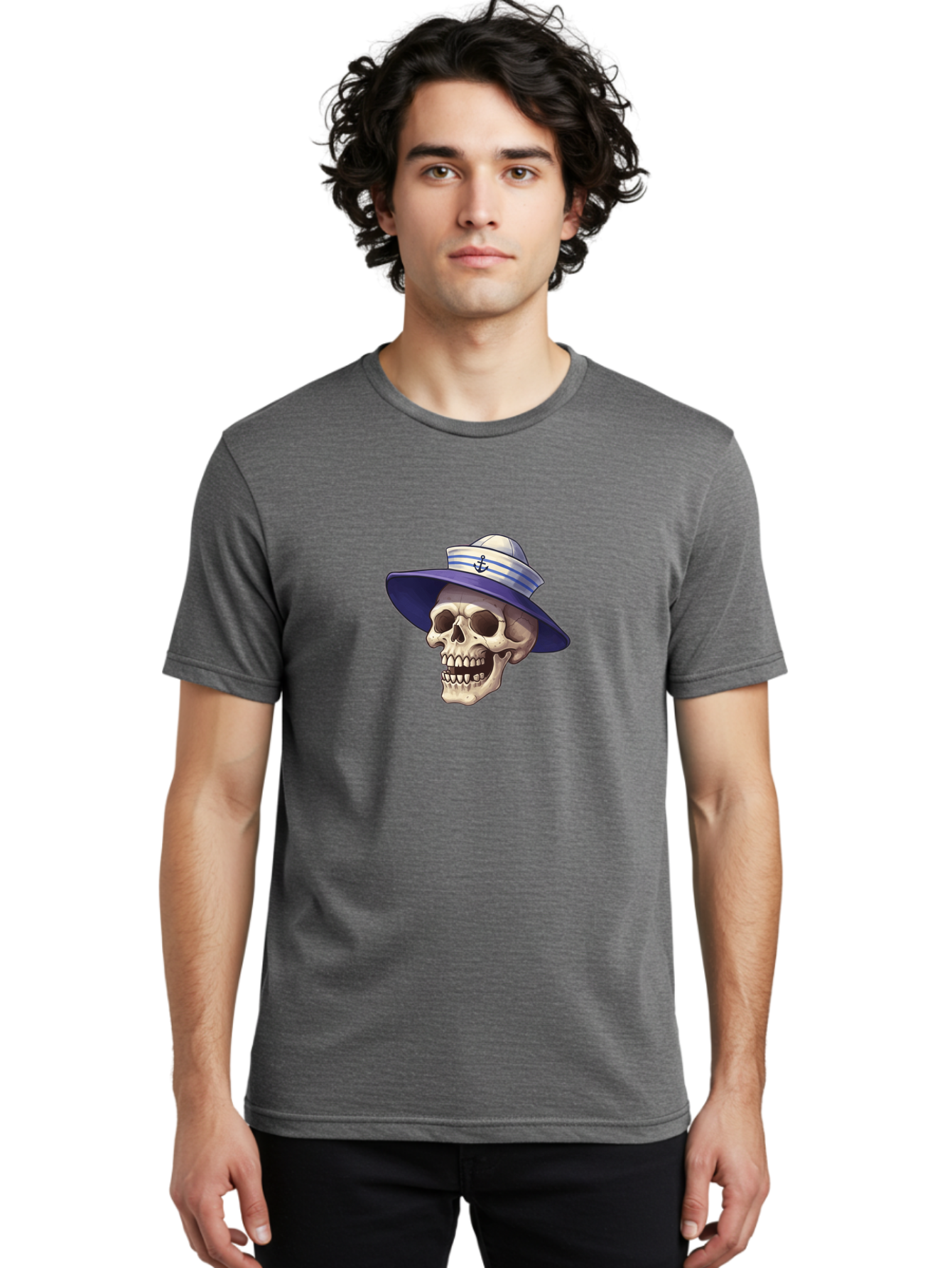 Skull-With-Sun-Hat Men'S Graphic Tee, 100% Cotton, Comfortable Casual Summer Wear, Machine Washable, Skull Wearing Sailor Hat, Anchor Emblem, Nautical Theme, Cartoon Style, Human Skull, Sailor Hat With Blue Stripes Bae282 30