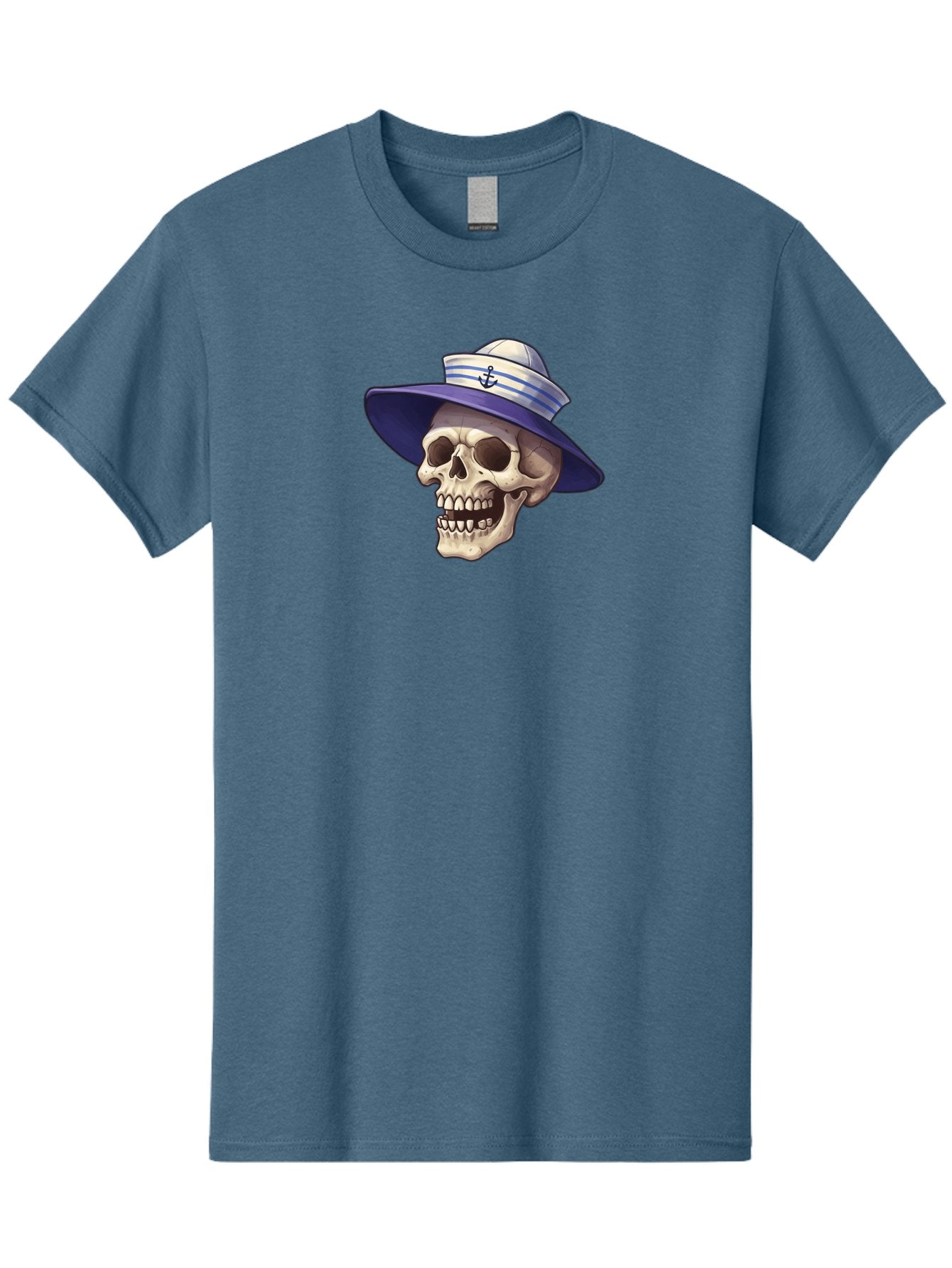 Skull-With-Sun-Hat Men'S Graphic Tee, 100% Cotton, Comfortable Casual Summer Wear, Machine Washable, Skull Wearing Sailor Hat, Anchor Emblem, Nautical Theme, Cartoon Style, Human Skull, Sailor Hat With Blue Stripes Bae282 11