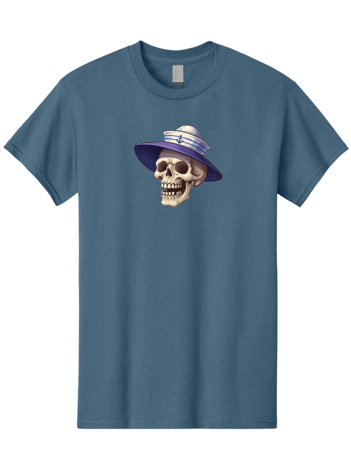Skull-With-Sun-Hat Men'S Graphic Tee, 100% Cotton, Comfortable Casual Summer Wear, Machine Washable, Skull Wearing Sailor Hat, Anchor Emblem, Nautical Theme, Cartoon Style, Human Skull, Sailor Hat With Blue Stripes Bae282 4
