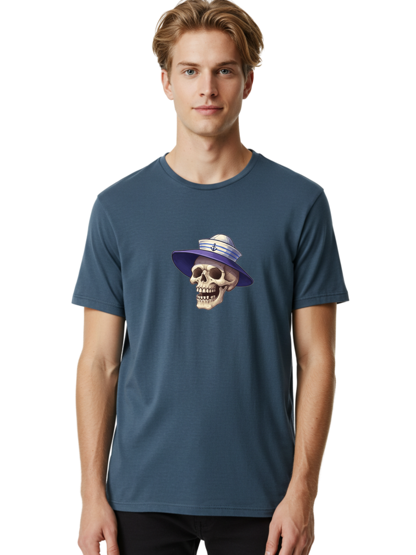Skull-With-Sun-Hat Men'S Graphic Tee, 100% Cotton, Comfortable Casual Summer Wear, Machine Washable, Skull Wearing Sailor Hat, Anchor Emblem, Nautical Theme, Cartoon Style, Human Skull, Sailor Hat With Blue Stripes Bae282 19