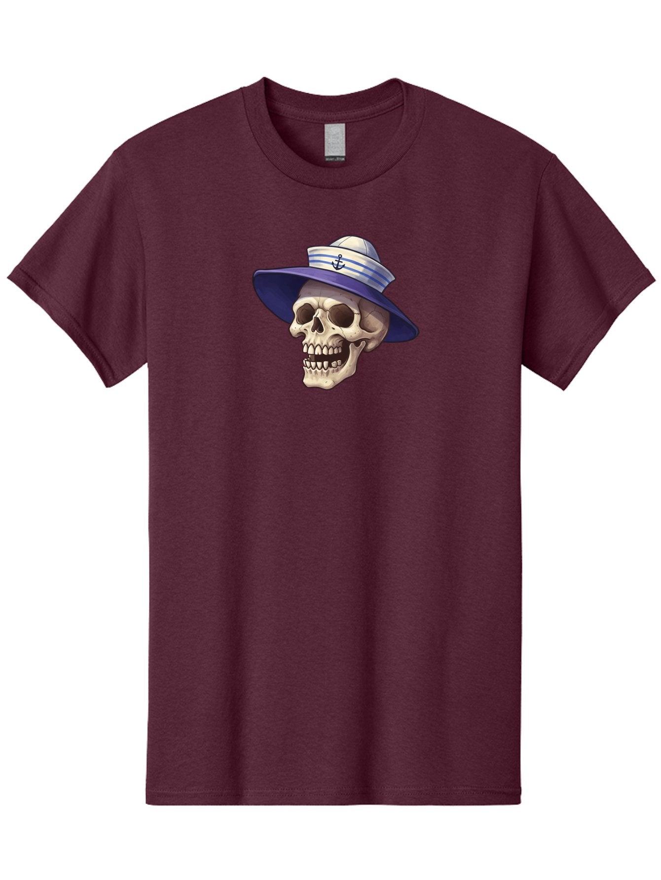 Skull-With-Sun-Hat Men'S Graphic Tee, 100% Cotton, Comfortable Casual Summer Wear, Machine Washable, Skull Wearing Sailor Hat, Anchor Emblem, Nautical Theme, Cartoon Style, Human Skull, Sailor Hat With Blue Stripes Bae282 15