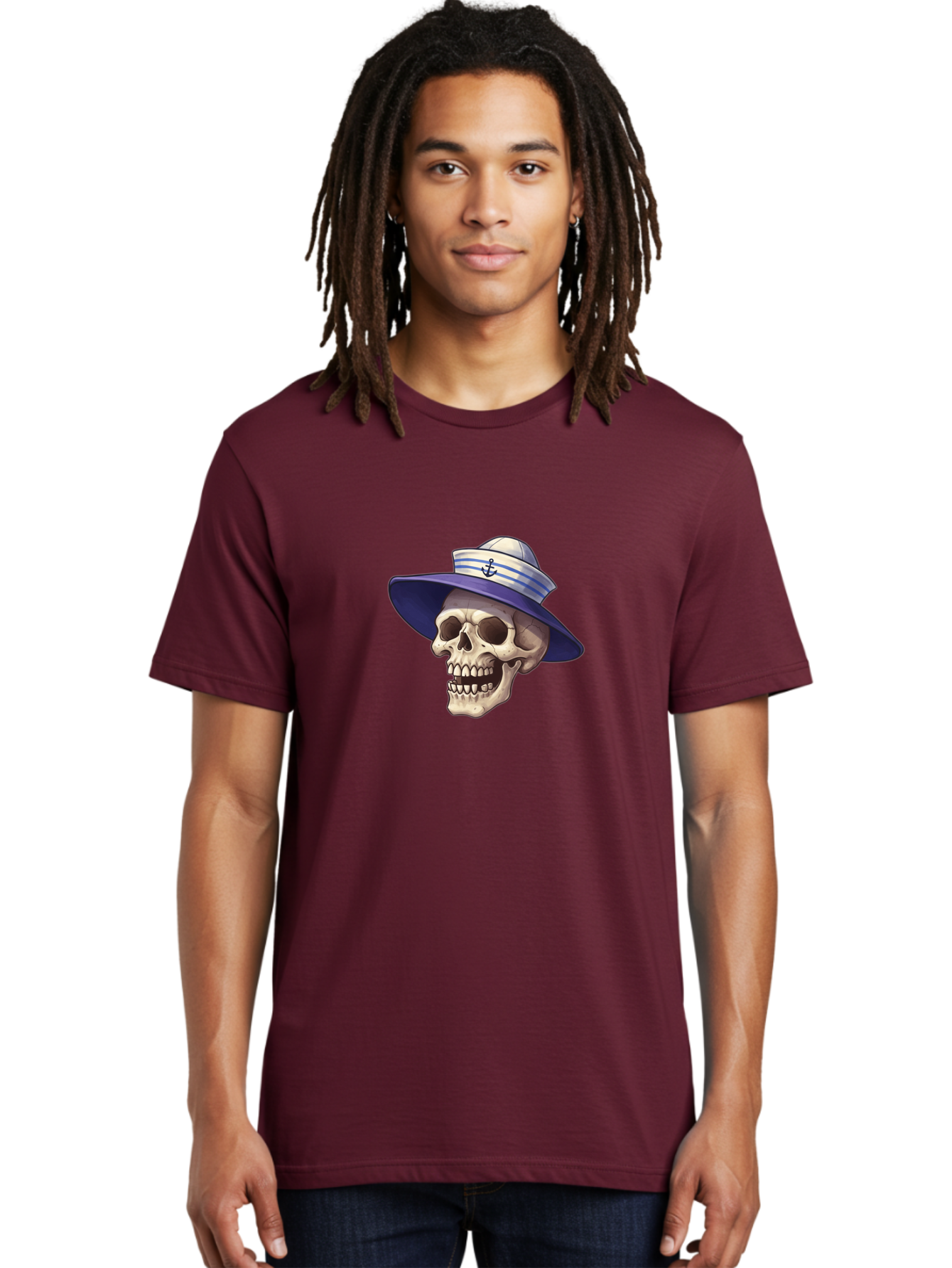 Skull-With-Sun-Hat Men'S Graphic Tee, 100% Cotton, Comfortable Casual Summer Wear, Machine Washable, Skull Wearing Sailor Hat, Anchor Emblem, Nautical Theme, Cartoon Style, Human Skull, Sailor Hat With Blue Stripes Bae282 16