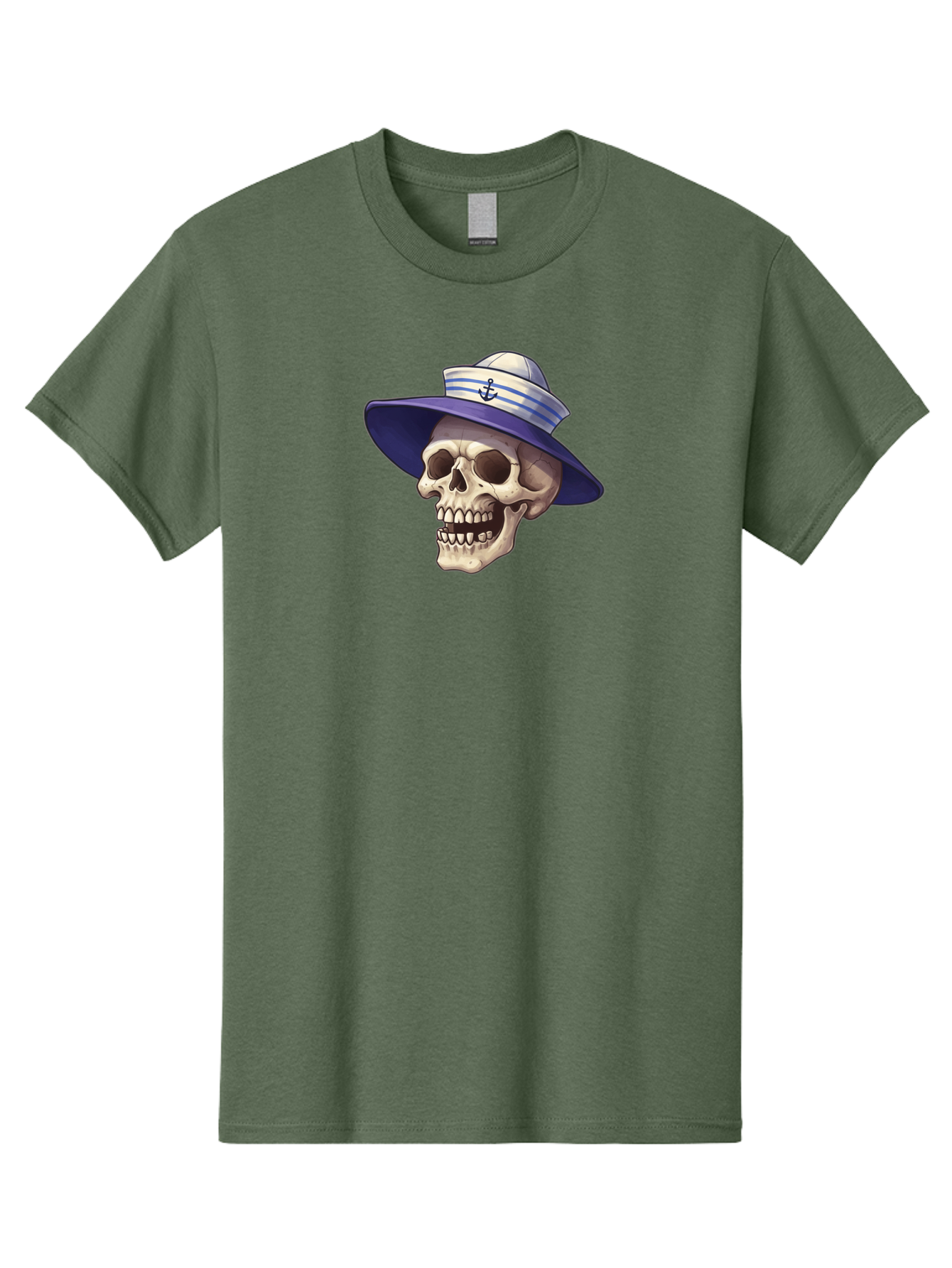 Skull-With-Sun-Hat Men'S Graphic Tee, 100% Cotton, Comfortable Casual Summer Wear, Machine Washable, Skull Wearing Sailor Hat, Anchor Emblem, Nautical Theme, Cartoon Style, Human Skull, Sailor Hat With Blue Stripes Bae282 14