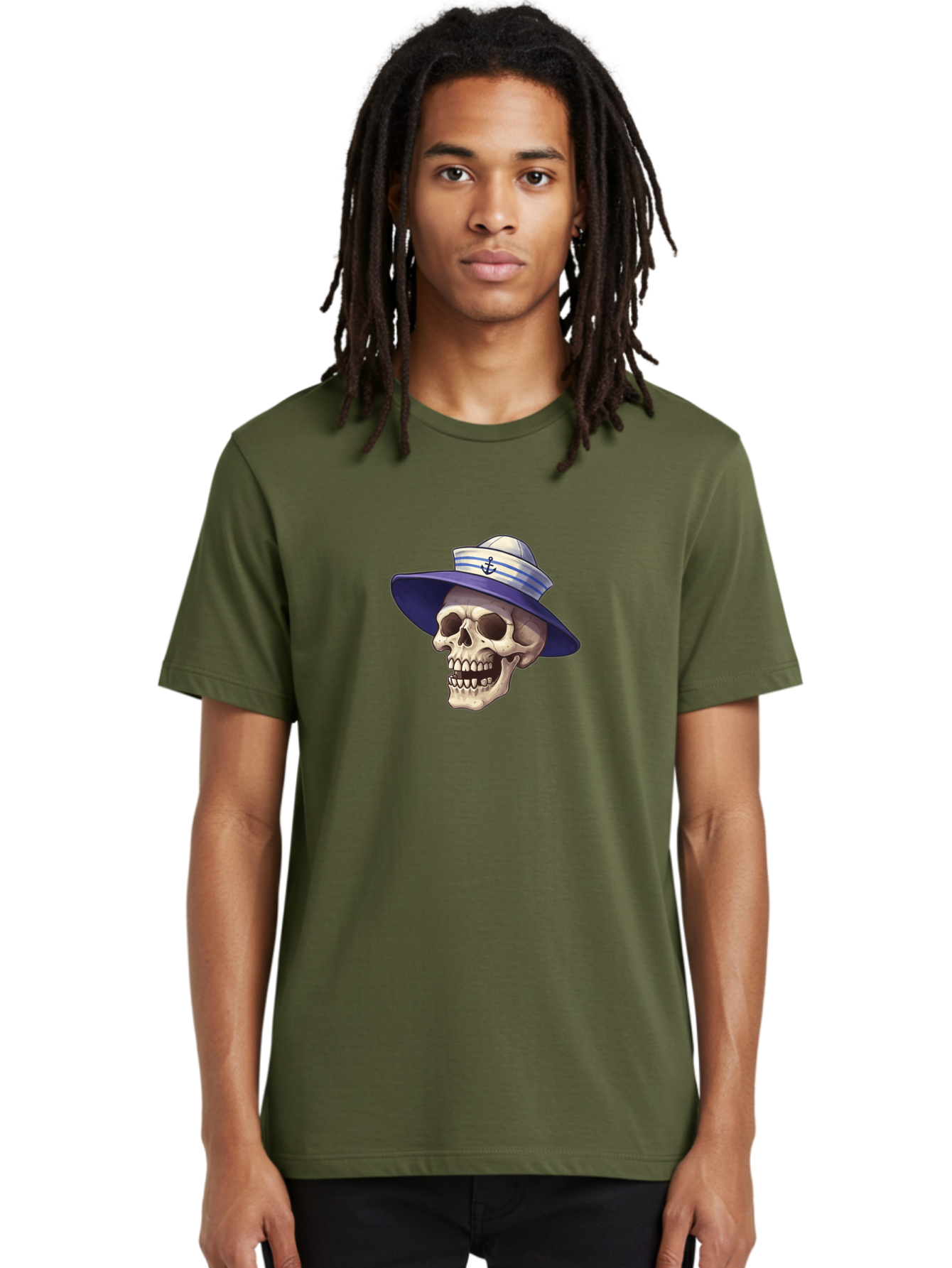 Skull-With-Sun-Hat Men'S Graphic Tee, 100% Cotton, Comfortable Casual Summer Wear, Machine Washable, Skull Wearing Sailor Hat, Anchor Emblem, Nautical Theme, Cartoon Style, Human Skull, Sailor Hat With Blue Stripes Bae282 29