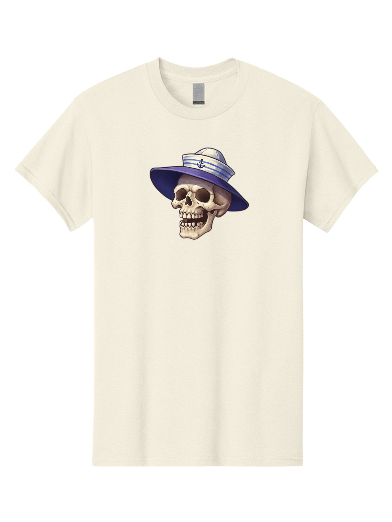 Skull-With-Sun-Hat Men'S Graphic Tee, 100% Cotton, Comfortable Casual Summer Wear, Machine Washable, Skull Wearing Sailor Hat, Anchor Emblem, Nautical Theme, Cartoon Style, Human Skull, Sailor Hat With Blue Stripes Bae282 6