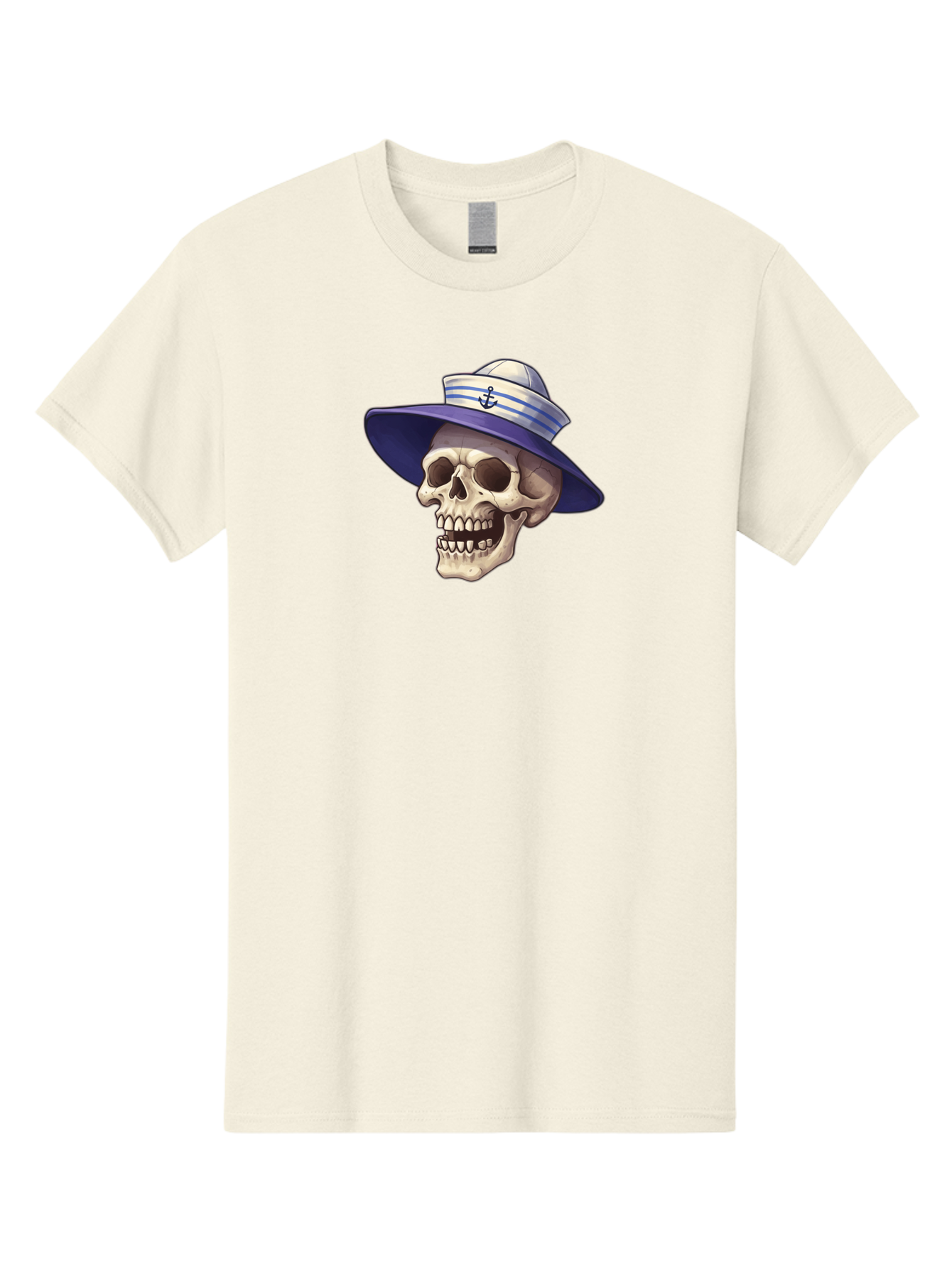 Skull-With-Sun-Hat Men'S Graphic Tee, 100% Cotton, Comfortable Casual Summer Wear, Machine Washable, Skull Wearing Sailor Hat, Anchor Emblem, Nautical Theme, Cartoon Style, Human Skull, Sailor Hat With Blue Stripes Bae282 7