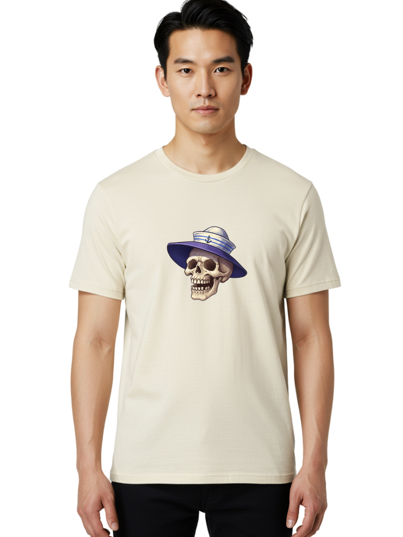 Skull-With-Sun-Hat Men'S Graphic Tee, 100% Cotton, Comfortable Casual Summer Wear, Machine Washable, Skull Wearing Sailor Hat, Anchor Emblem, Nautical Theme, Cartoon Style, Human Skull, Sailor Hat With Blue Stripes Bae282 22