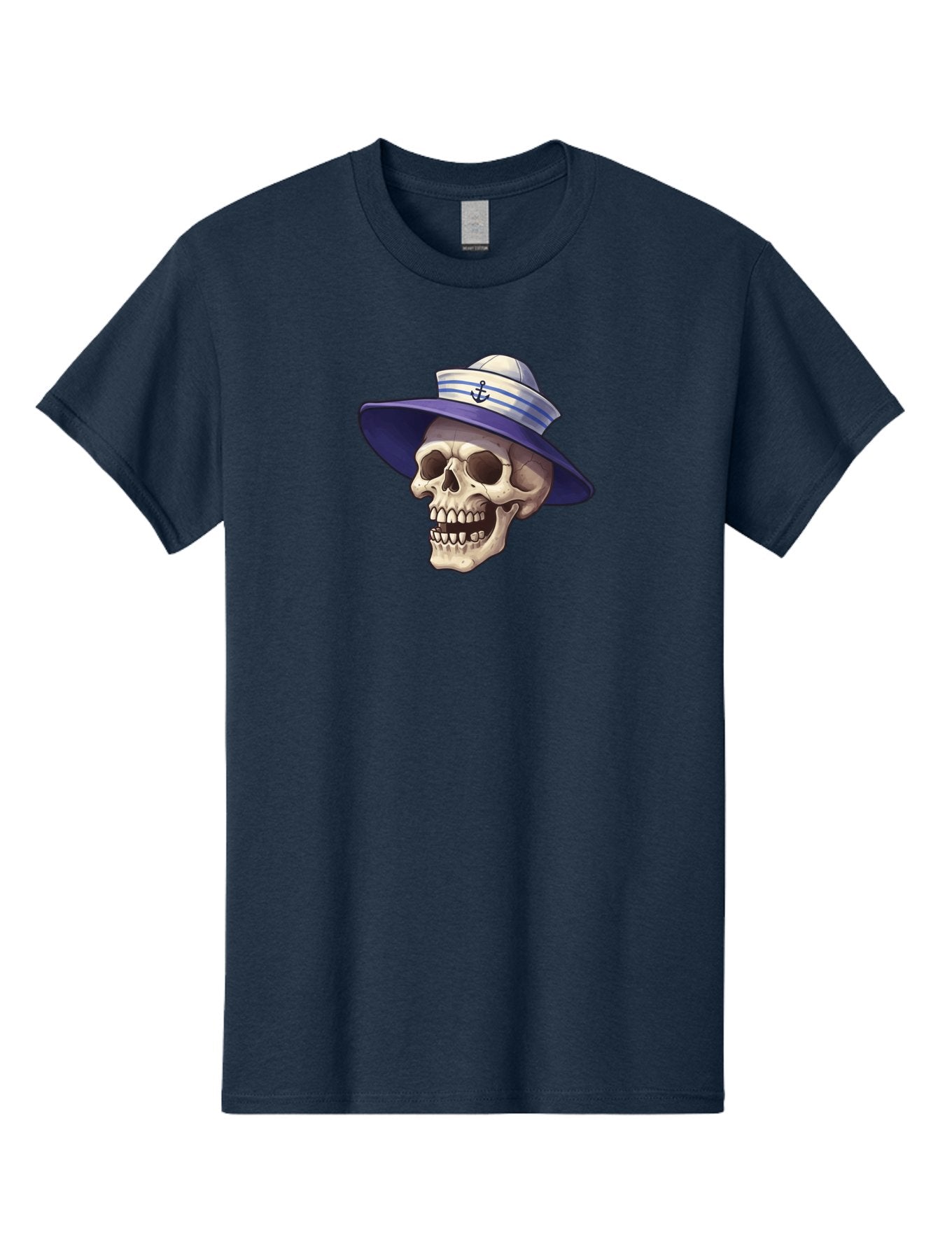 Skull-With-Sun-Hat Men'S Graphic Tee, 100% Cotton, Comfortable Casual Summer Wear, Machine Washable, Skull Wearing Sailor Hat, Anchor Emblem, Nautical Theme, Cartoon Style, Human Skull, Sailor Hat With Blue Stripes Bae282 9