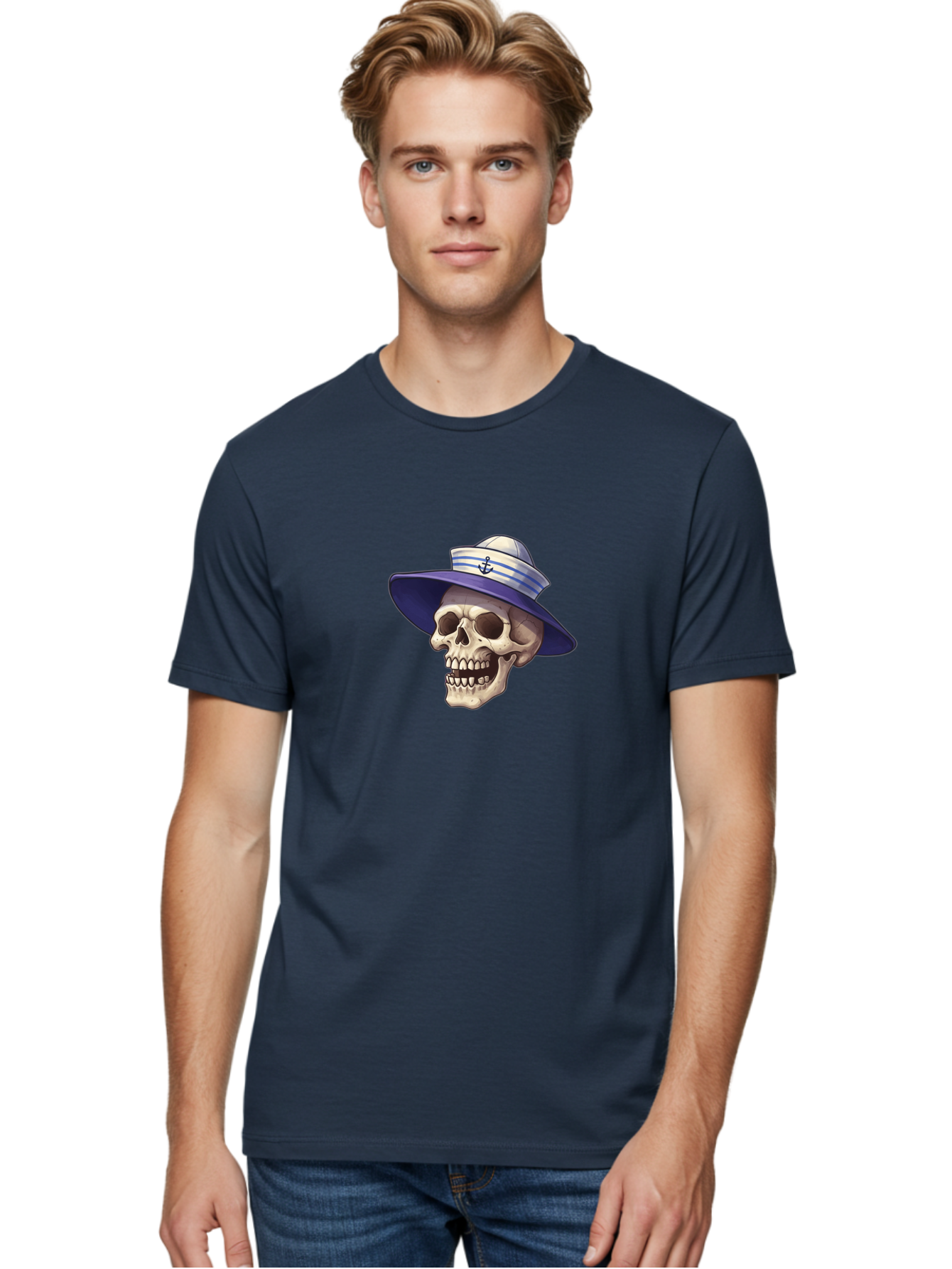 Skull-With-Sun-Hat Men'S Graphic Tee, 100% Cotton, Comfortable Casual Summer Wear, Machine Washable, Skull Wearing Sailor Hat, Anchor Emblem, Nautical Theme, Cartoon Style, Human Skull, Sailor Hat With Blue Stripes Bae282 20