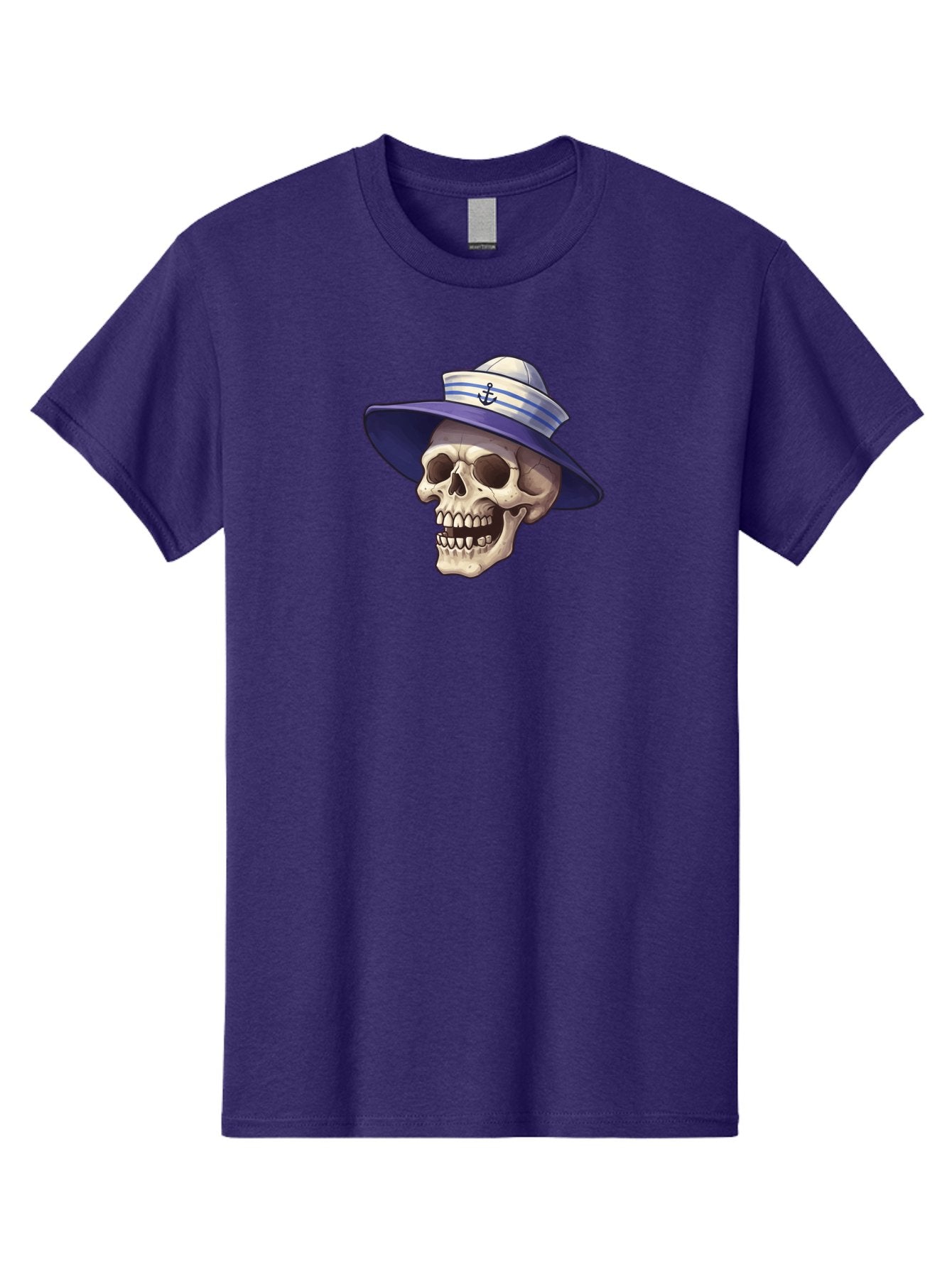 Skull-With-Sun-Hat Men'S Graphic Tee, 100% Cotton, Comfortable Casual Summer Wear, Machine Washable, Skull Wearing Sailor Hat, Anchor Emblem, Nautical Theme, Cartoon Style, Human Skull, Sailor Hat With Blue Stripes Bae282