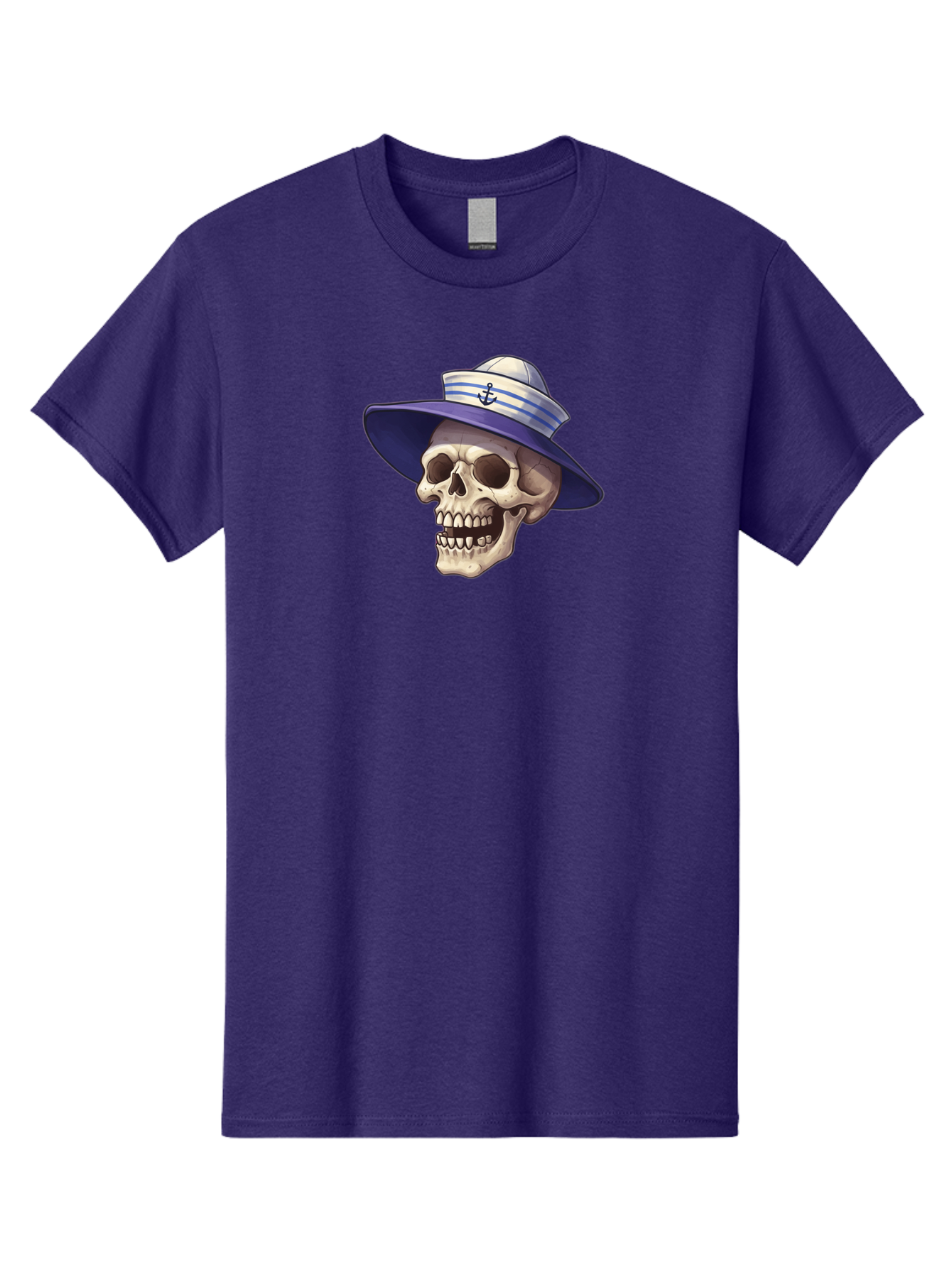Skull-With-Sun-Hat Men'S Graphic Tee, 100% Cotton, Comfortable Casual Summer Wear, Machine Washable, Skull Wearing Sailor Hat, Anchor Emblem, Nautical Theme, Cartoon Style, Human Skull, Sailor Hat With Blue Stripes Bae282 10