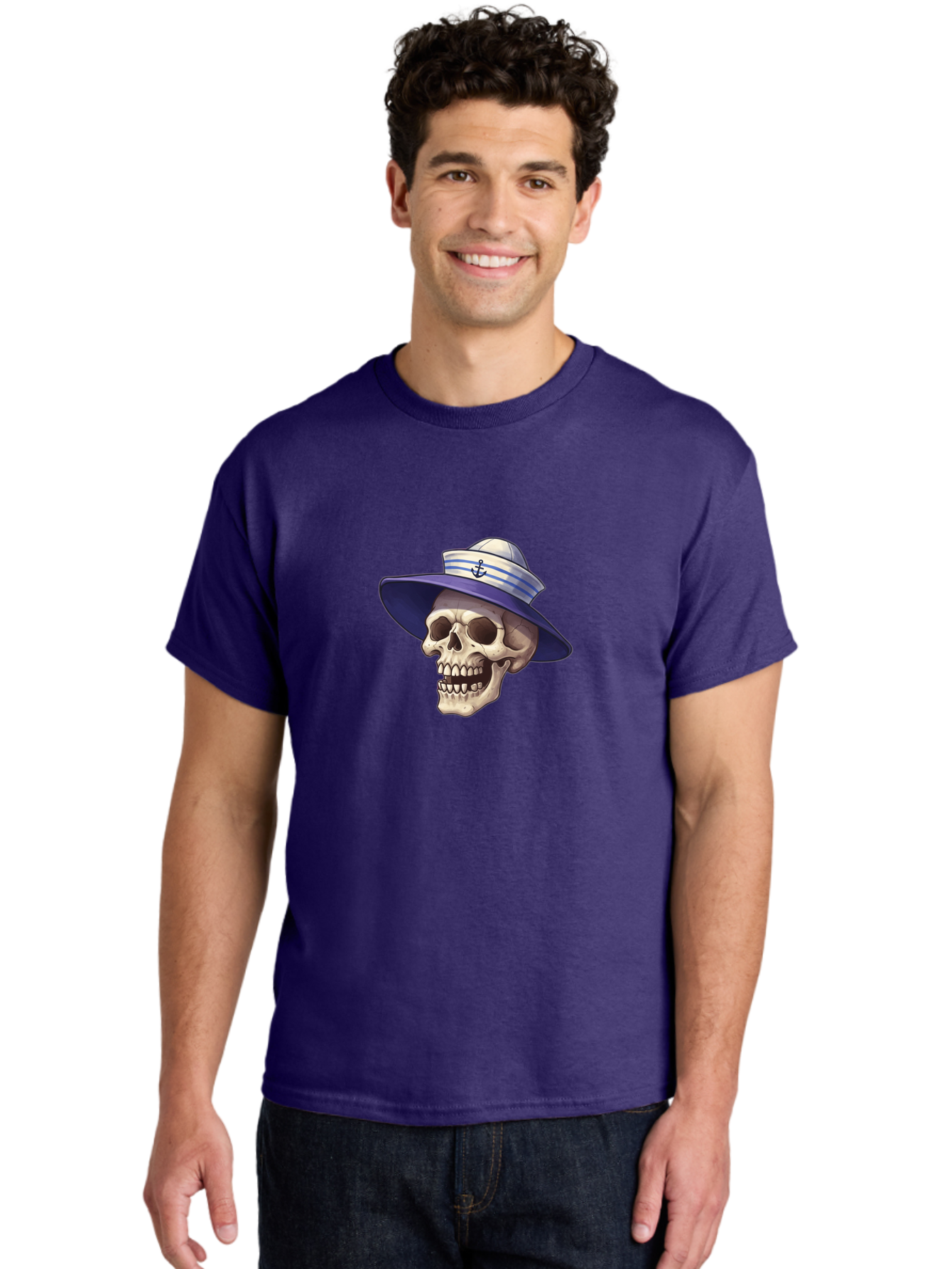 Skull-With-Sun-Hat Men'S Graphic Tee, 100% Cotton, Comfortable Casual Summer Wear, Machine Washable, Skull Wearing Sailor Hat, Anchor Emblem, Nautical Theme, Cartoon Style, Human Skull, Sailor Hat With Blue Stripes Bae282 25