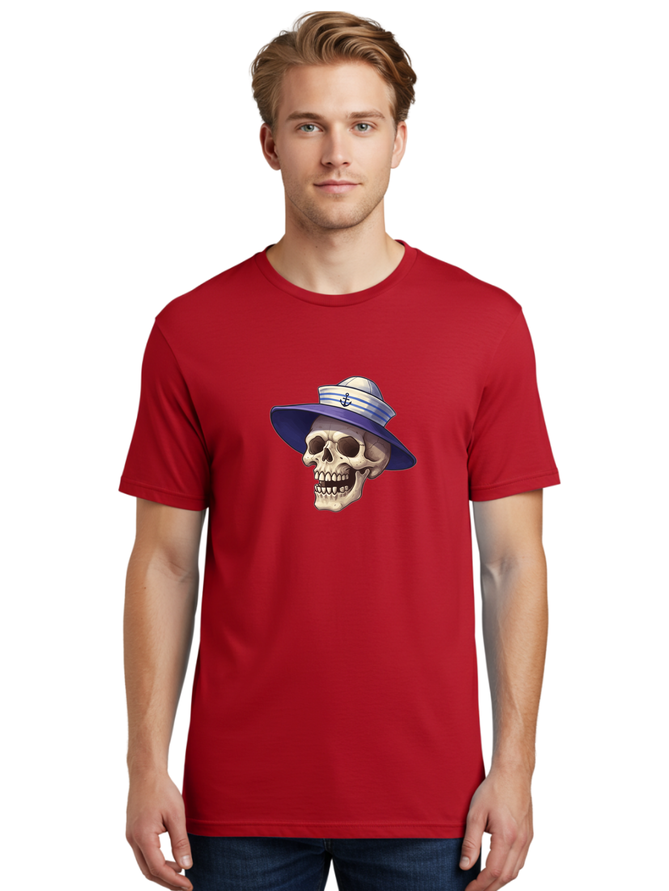 Skull-With-Sun-Hat Men'S Graphic Tee, 100% Cotton, Comfortable Casual Summer Wear, Machine Washable, Skull Wearing Sailor Hat, Anchor Emblem, Nautical Theme, Cartoon Style, Human Skull, Sailor Hat With Blue Stripes Bae282 17