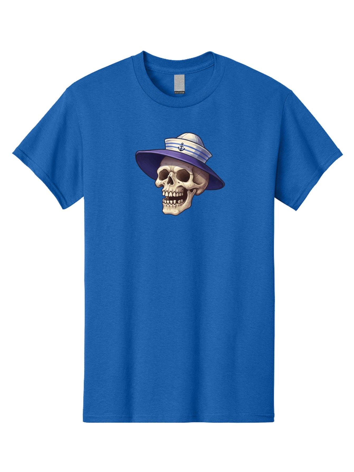 Skull-With-Sun-Hat Men'S Graphic Tee, 100% Cotton, Comfortable Casual Summer Wear, Machine Washable, Skull Wearing Sailor Hat, Anchor Emblem, Nautical Theme, Cartoon Style, Human Skull, Sailor Hat With Blue Stripes Bae282 12