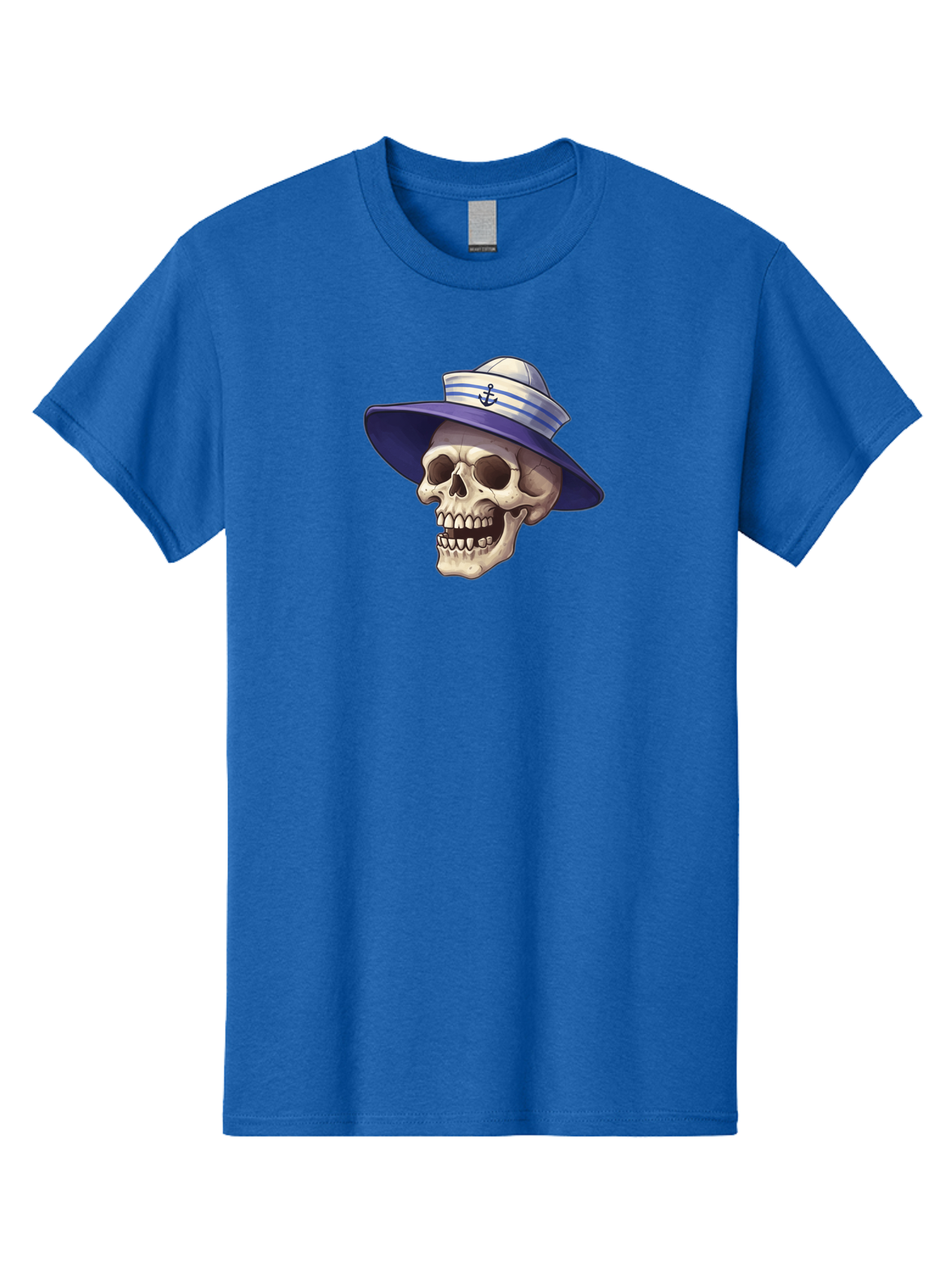 Skull-With-Sun-Hat Men'S Graphic Tee, 100% Cotton, Comfortable Casual Summer Wear, Machine Washable, Skull Wearing Sailor Hat, Anchor Emblem, Nautical Theme, Cartoon Style, Human Skull, Sailor Hat With Blue Stripes Bae282 3