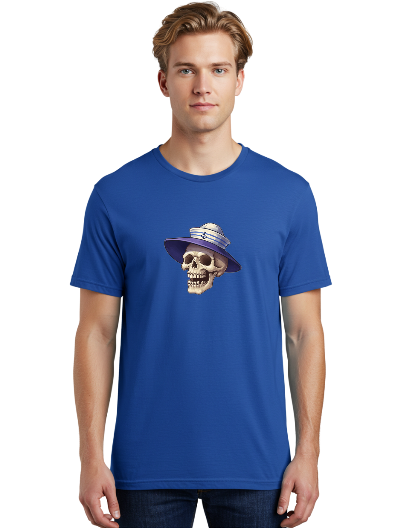 Skull-With-Sun-Hat Men'S Graphic Tee, 100% Cotton, Comfortable Casual Summer Wear, Machine Washable, Skull Wearing Sailor Hat, Anchor Emblem, Nautical Theme, Cartoon Style, Human Skull, Sailor Hat With Blue Stripes Bae282 18
