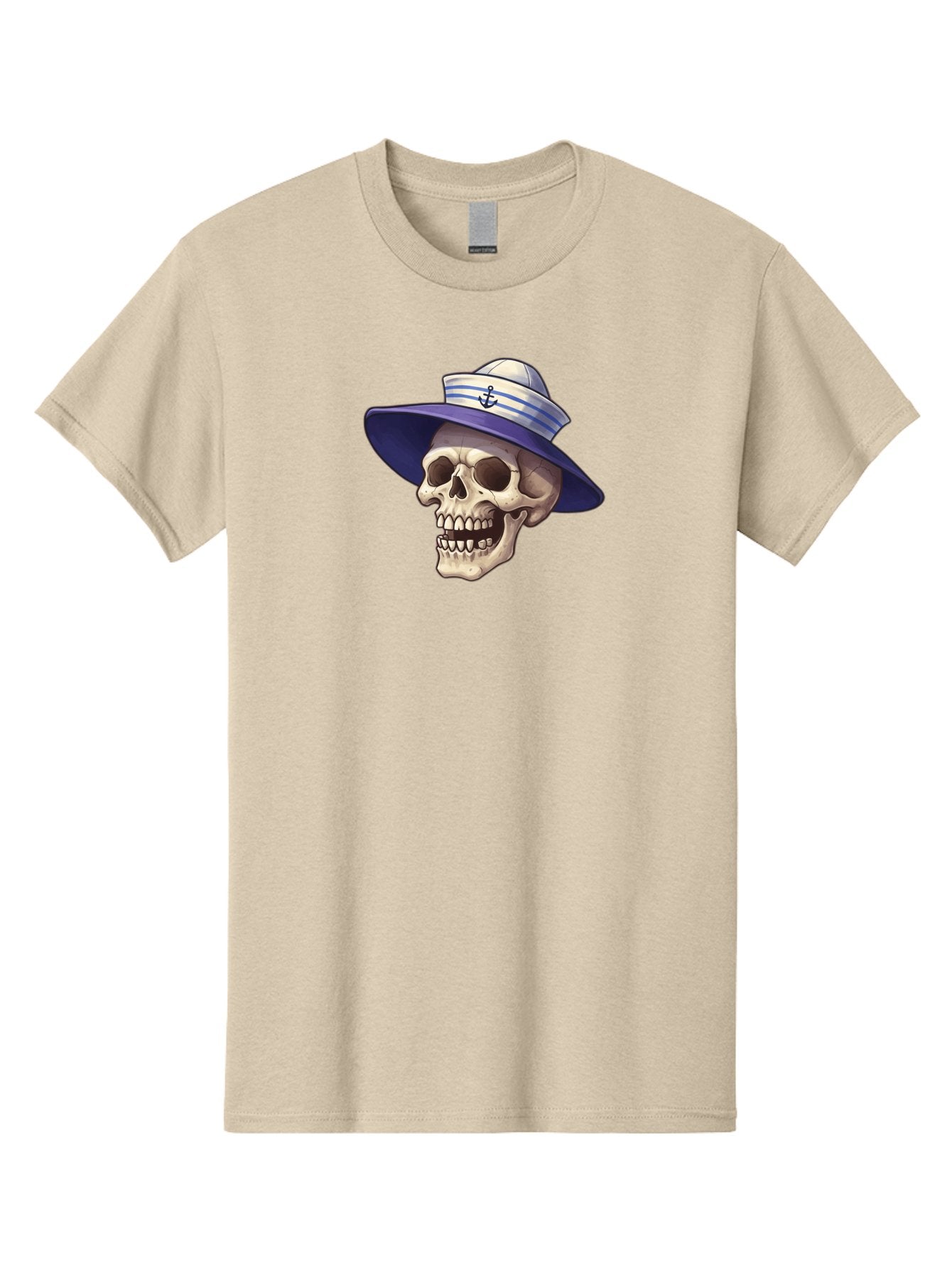 Skull-With-Sun-Hat Men'S Graphic Tee, 100% Cotton, Comfortable Casual Summer Wear, Machine Washable, Skull Wearing Sailor Hat, Anchor Emblem, Nautical Theme, Cartoon Style, Human Skull, Sailor Hat With Blue Stripes Bae282 7